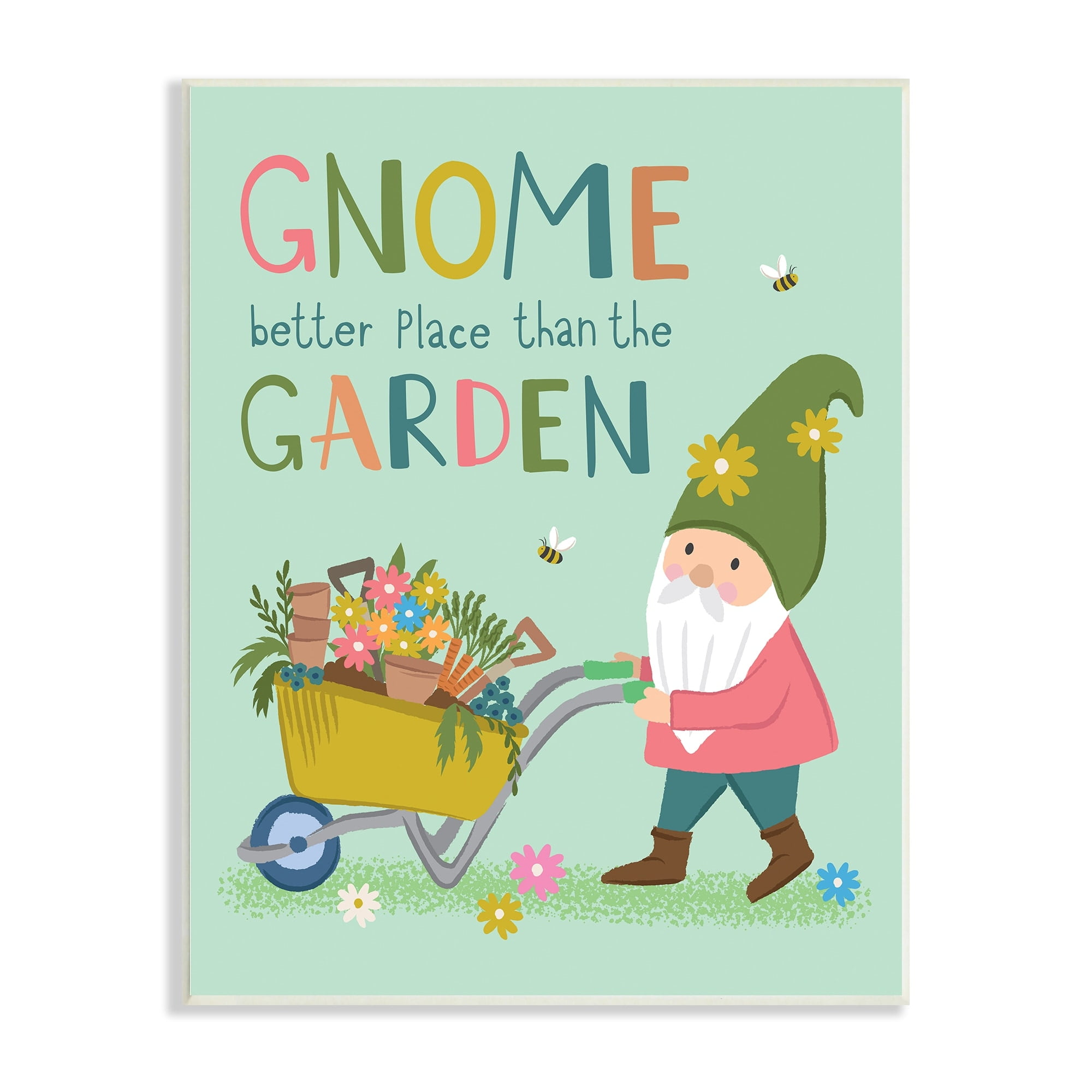 Stupell Industries Playful Garden Gnome Quote Floral Wagon Design Wood Wall Art, 13 x 19, Design by Lisa Perry Whitebutton