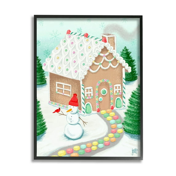 Stupell Industries Playful Gingerbread House Christmas Landscape Happy Snowman Landscape Painting Black Framed Art Print Wall Art, 11 x 14