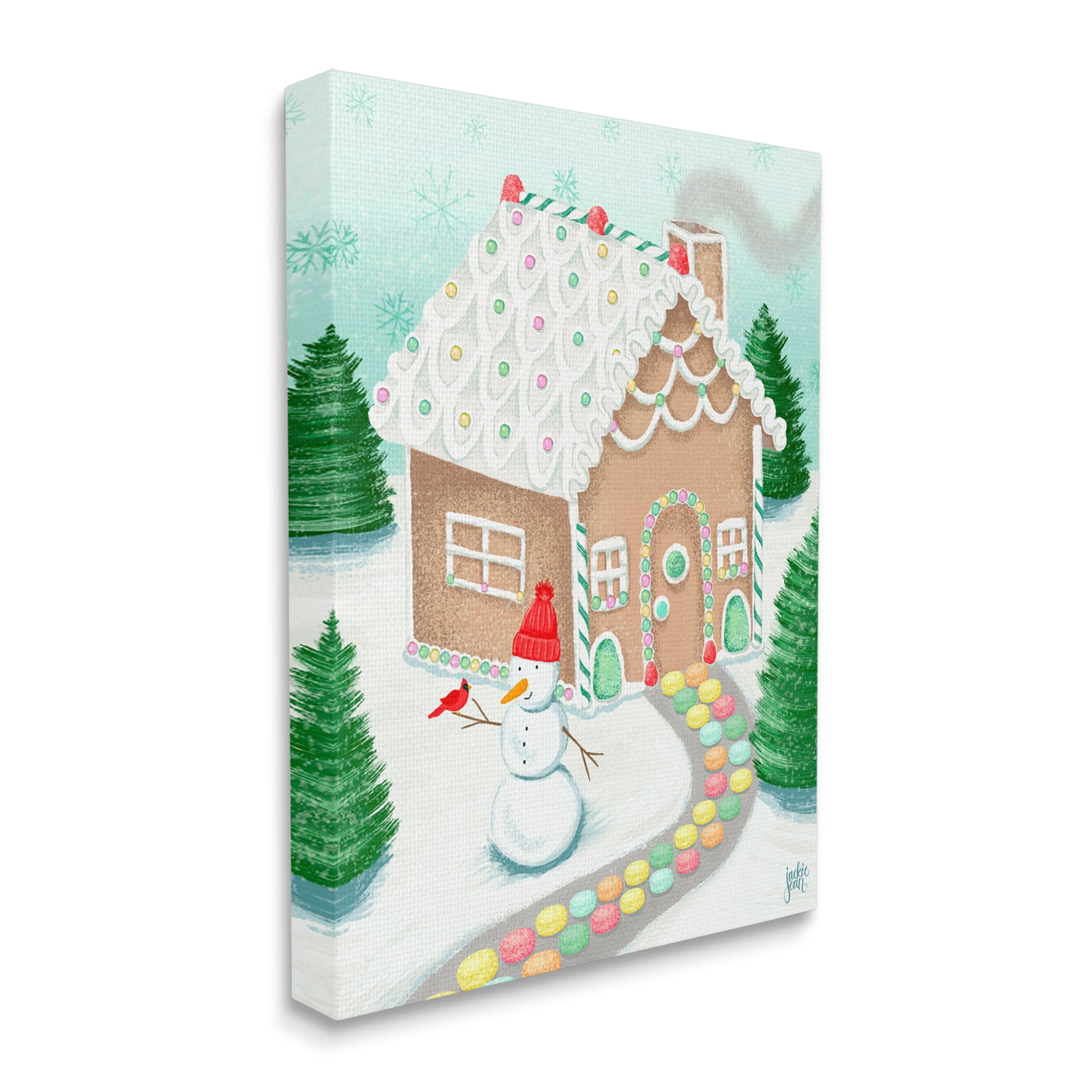 Stupell Industries Playful Gingerbread House Christmas Landscape Happy Snowman Landscape Painting Gallery Wrapped Canvas Print Wall Art, 16 x 20