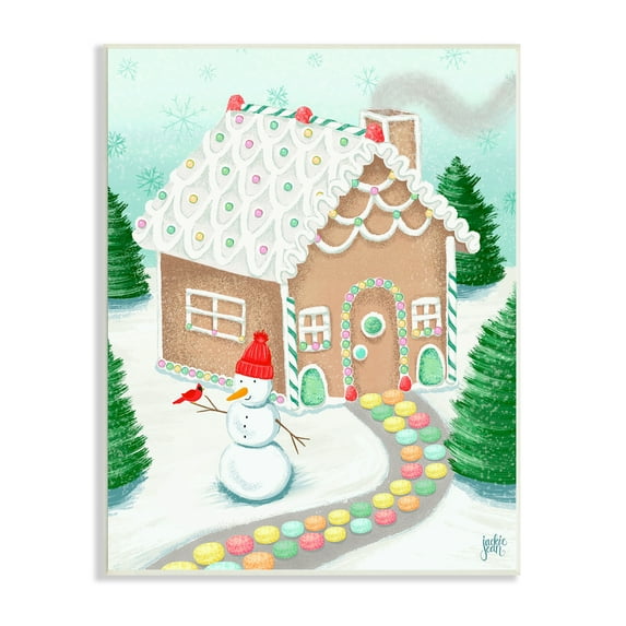Stupell Industries Playful Gingerbread House Christmas Landscape Happy Snowman Landscape Painting Unframed Art Print Wall Art, 13 x 19