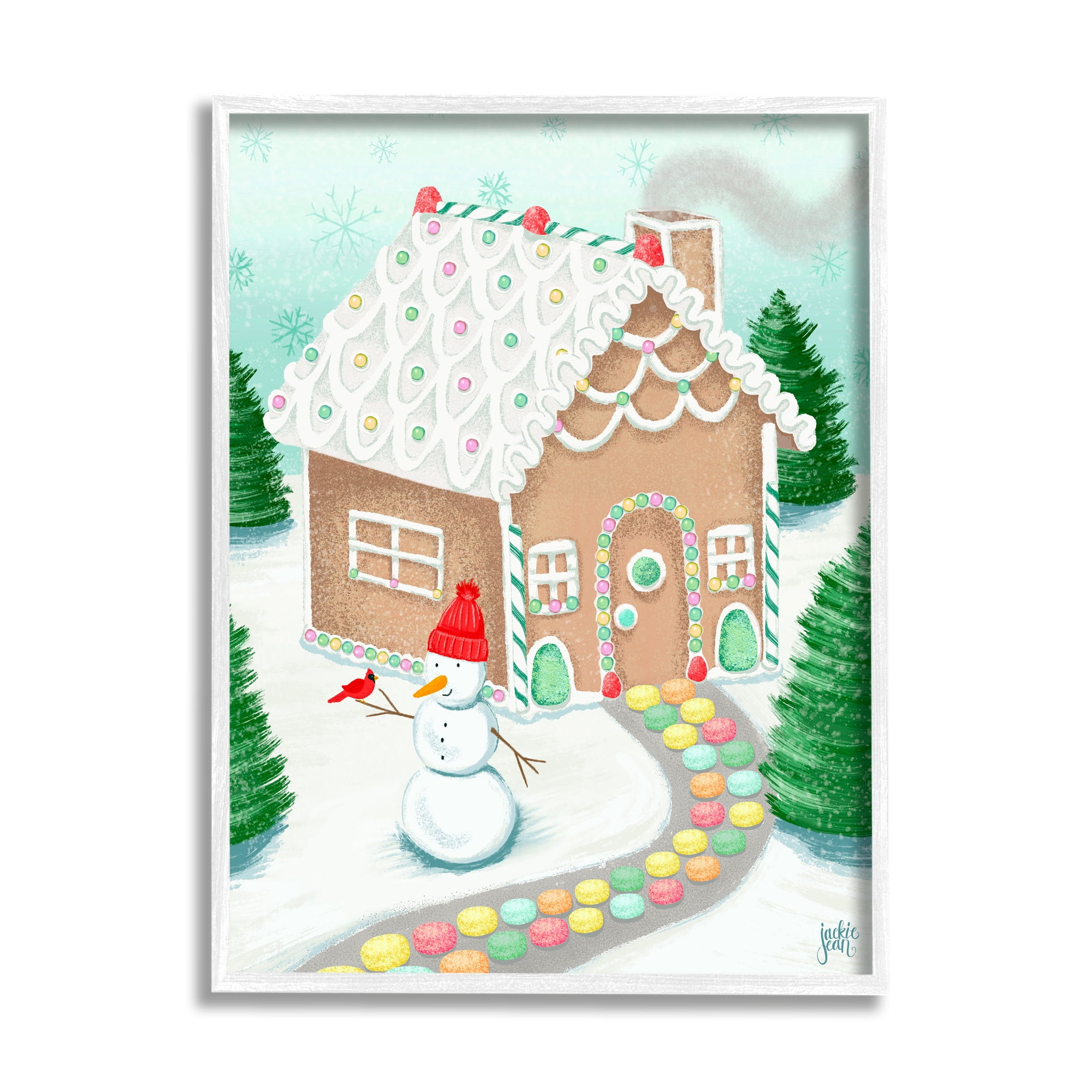 Stupell Industries Playful Gingerbread House Christmas Landscape Happy Snowman Landscape Painting White Framed Art Print Wall Art, 16 x 20
