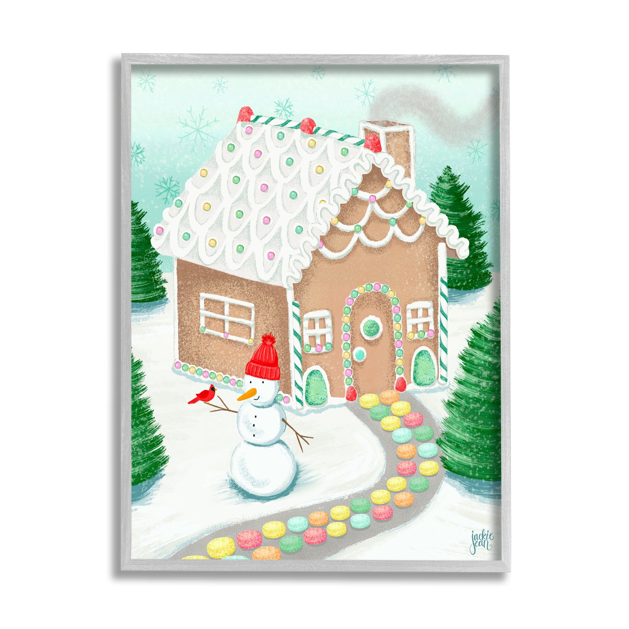 Stupell Industries Playful Gingerbread House Christmas Landscape Happy Snowman Modern Painting Gray Framed Art Print Wall Art, 11 x 14, Design by Jackie Quigley