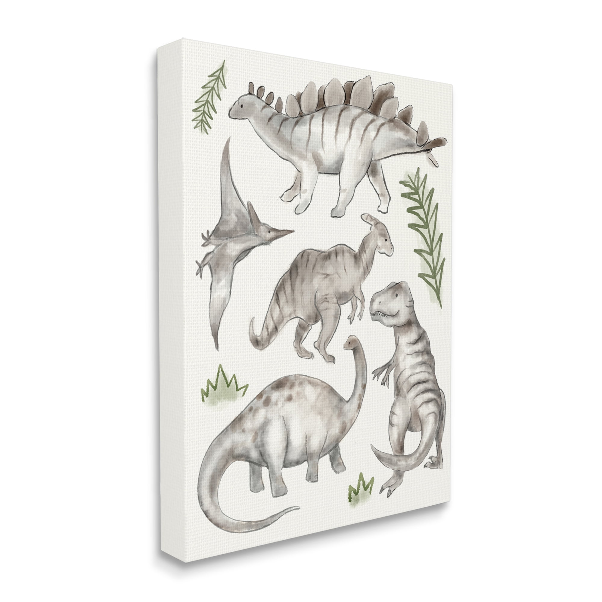 Stupell Industries Playful Grey Dinosaurs Minimal Green Leafy Plants Graphic Art Gallery-Wrapped Canvas Print Wall Art, 16x20, by Daphne Polselli