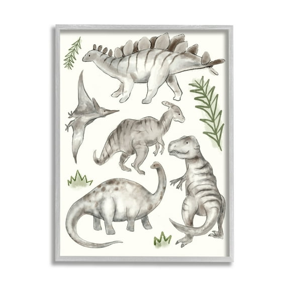 Stupell Industries Playful Grey Dinosaurs Minimal Green Leafy Plants Kids Painting Gray Framed Art Print Wall Art, 24 x 30, Design by Daphne Polselli