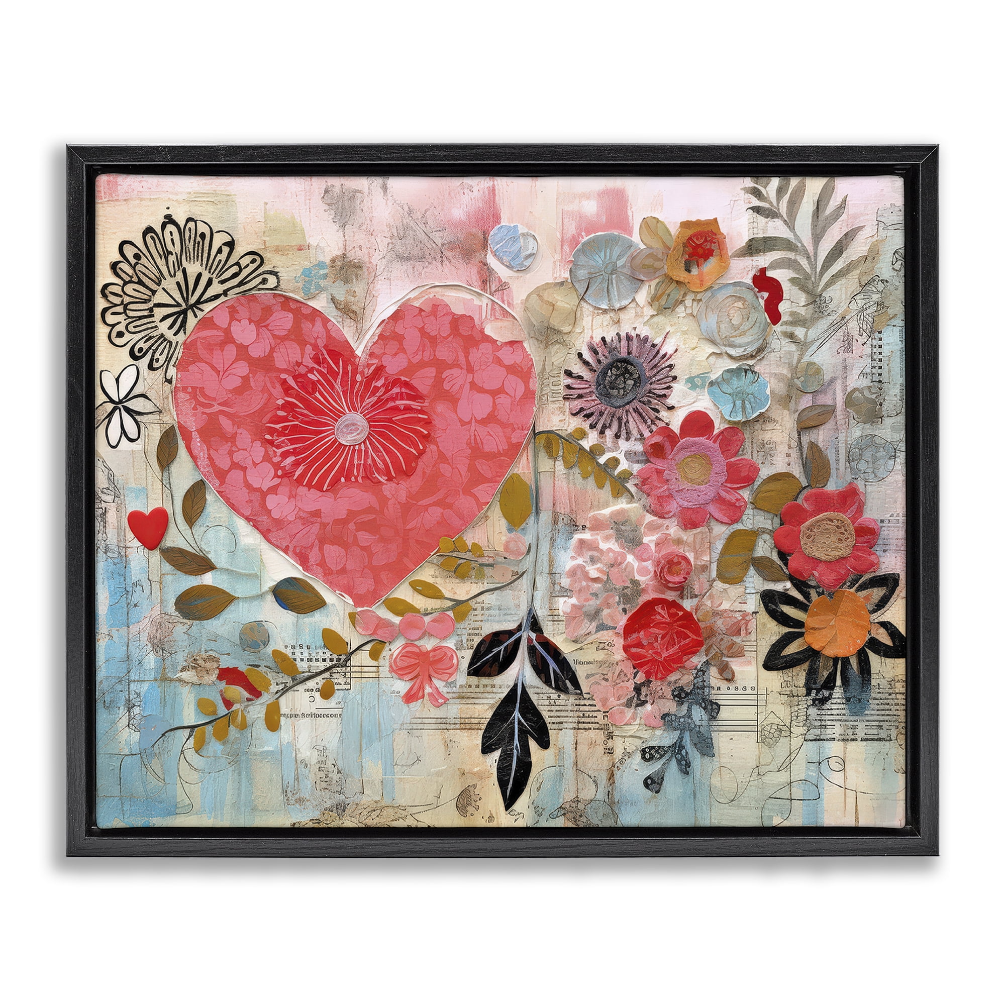Stupell Industries Playful Heart & Flowers Abstract Painting Black Floater Framed Canvas Art Print Wall Art, 21 x 17