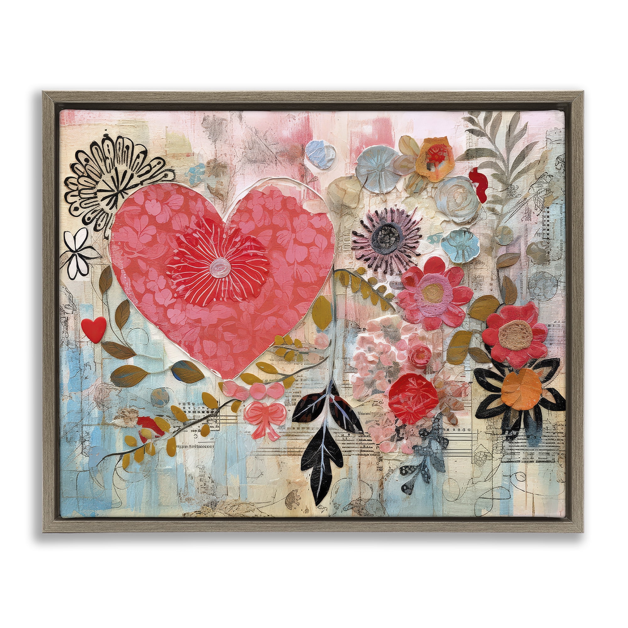 Stupell Industries Playful Heart & Flowers Abstract Painting Brown Floater Framed Canvas Art Print Wall Art, 21 x 17