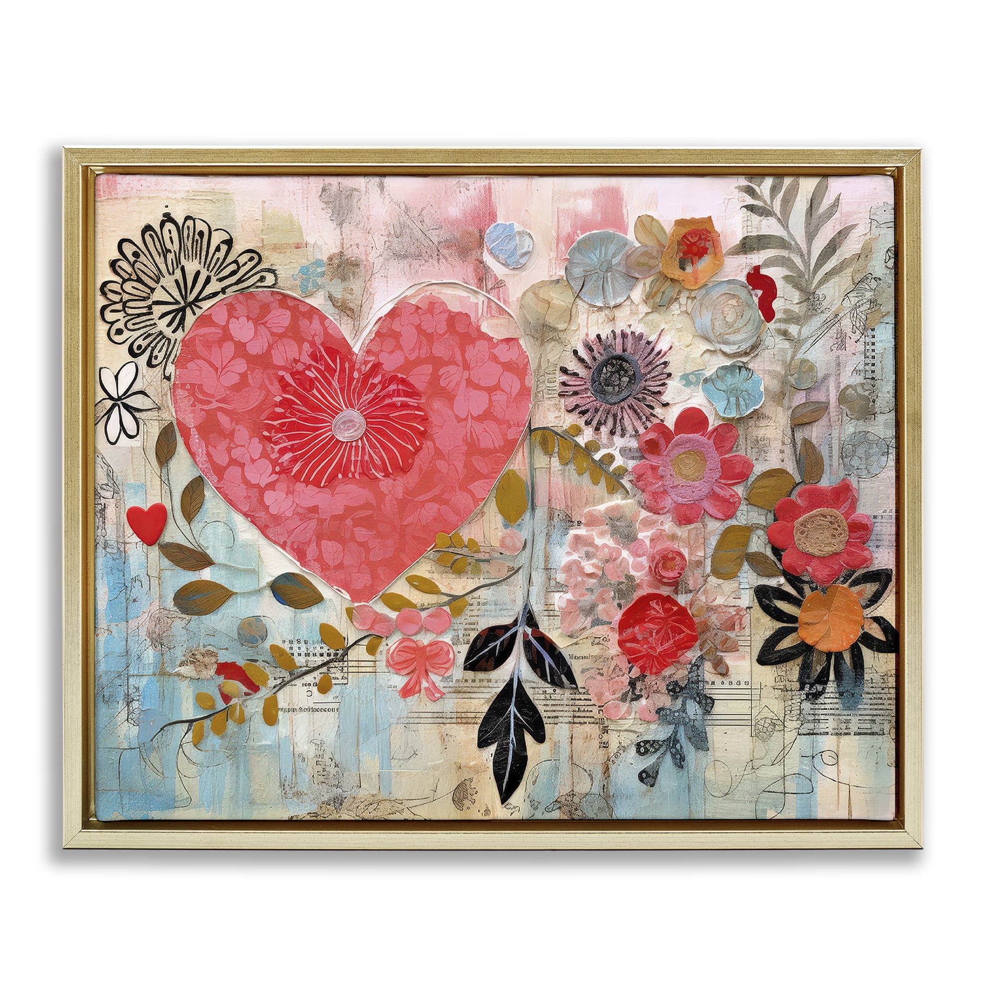 Stupell Industries Playful Heart & Flowers Abstract Painting Gold Floater Framed Canvas Art Print Wall Art, 21 x 17