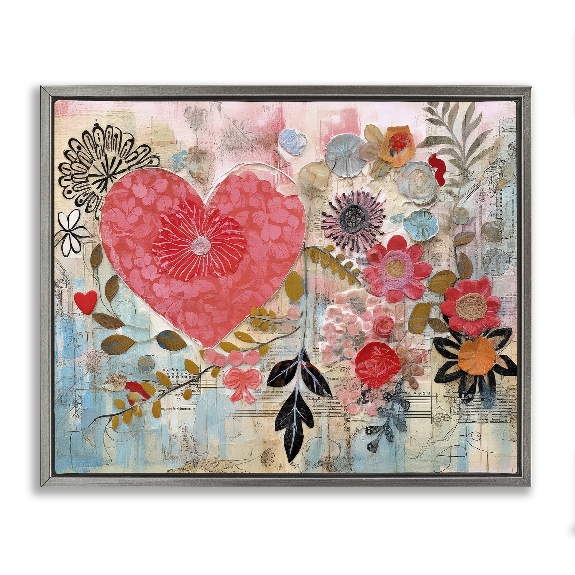 Stupell Industries Playful Heart & Flowers Abstract Painting Gray Floater Framed Canvas Art Print Wall Art, 21 x 17