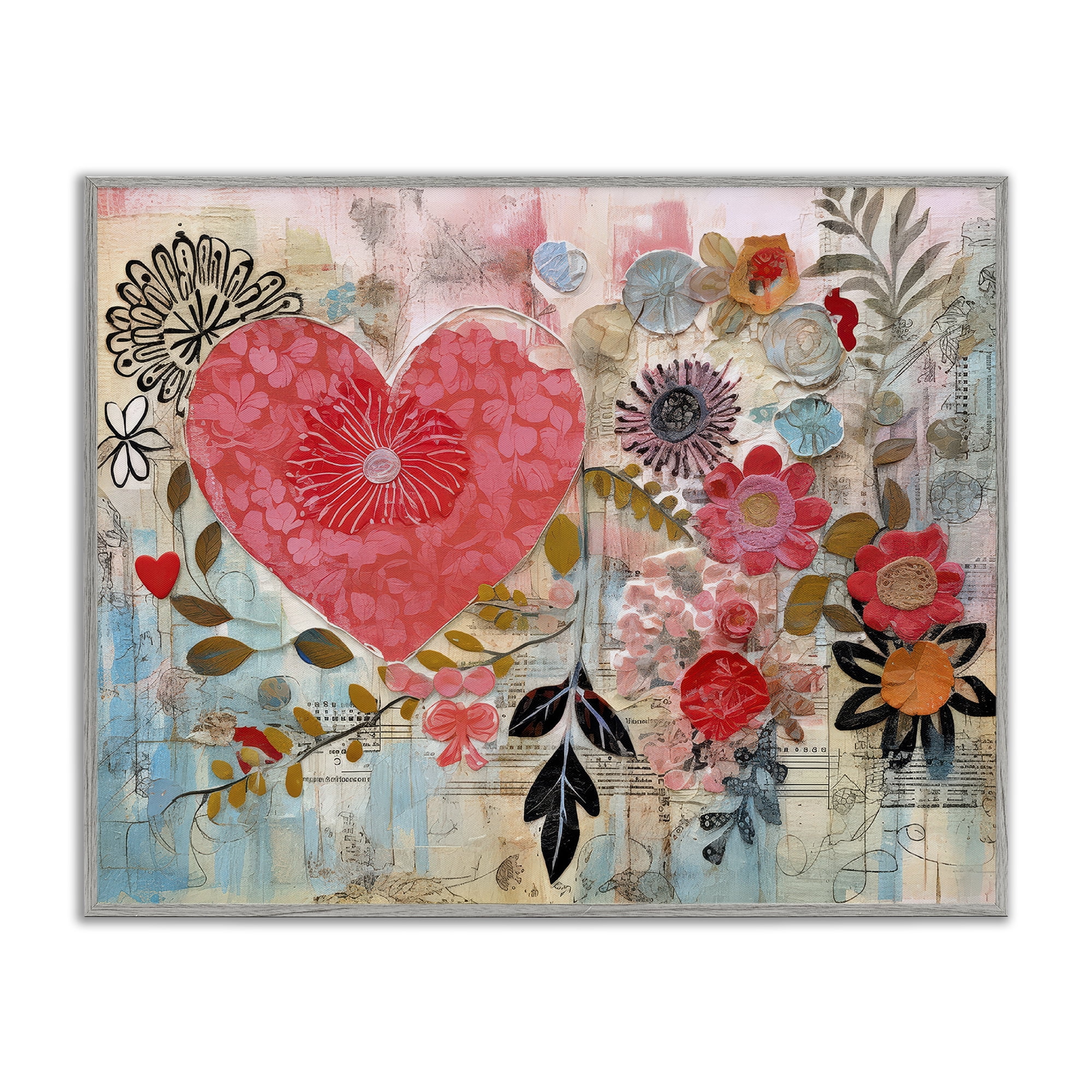 Stupell Industries Playful Heart & Flowers Abstract Painting Gray Framed Art Print Wall Art, 30 x 24