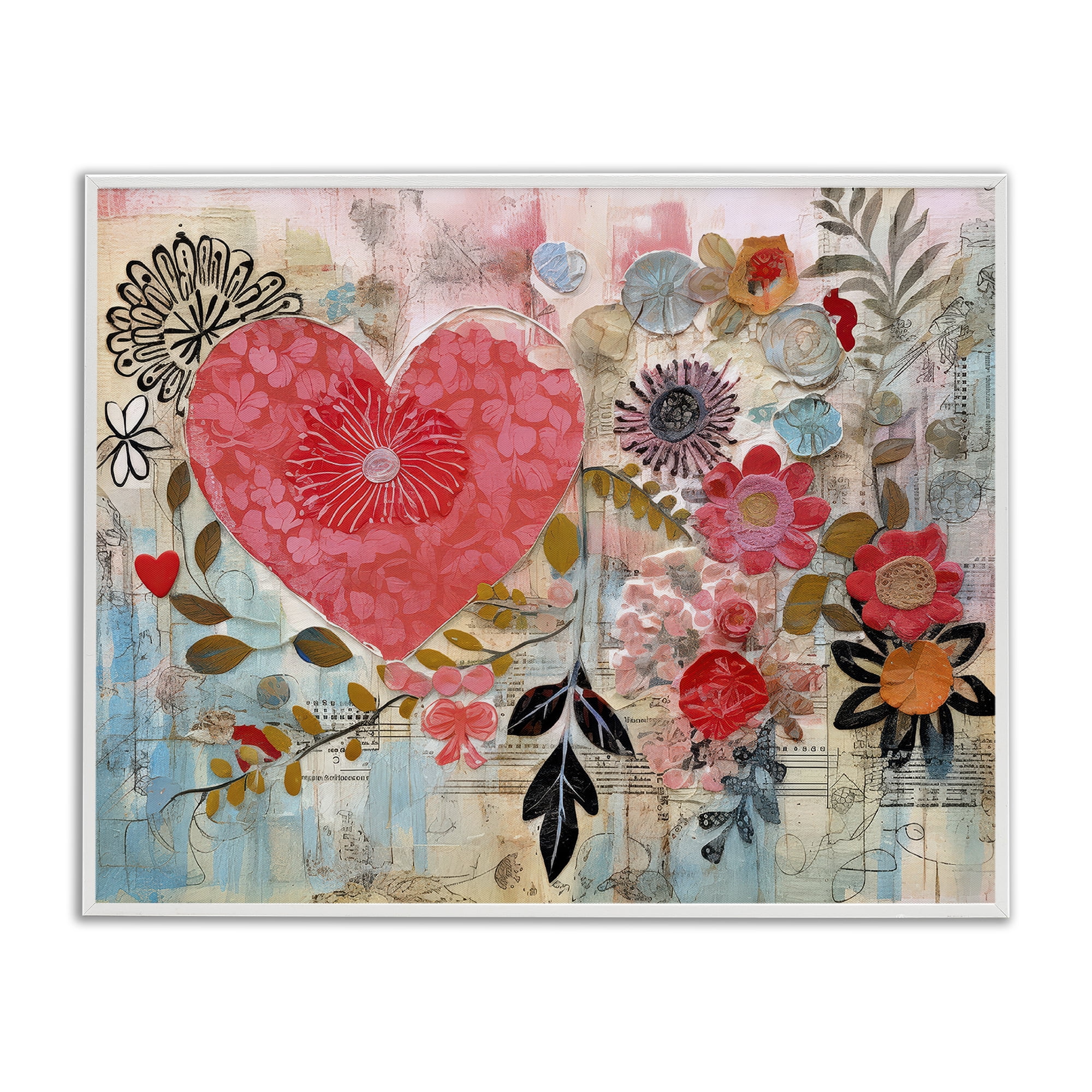 Stupell Industries Playful Heart & Flowers Abstract Painting White Framed Art Print Wall Art, 14 x 11