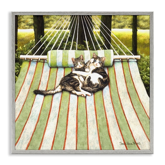 Stupell Industries Playful Kittens on Hammock Animals Painting Gray Framed Art Print Wall Art, 12 x 12