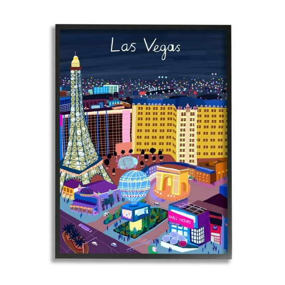 Stupell Industries Playful Las Vegas California Illustration City Landmarks Design by Carla Daly, 16" x 20", Black Framed