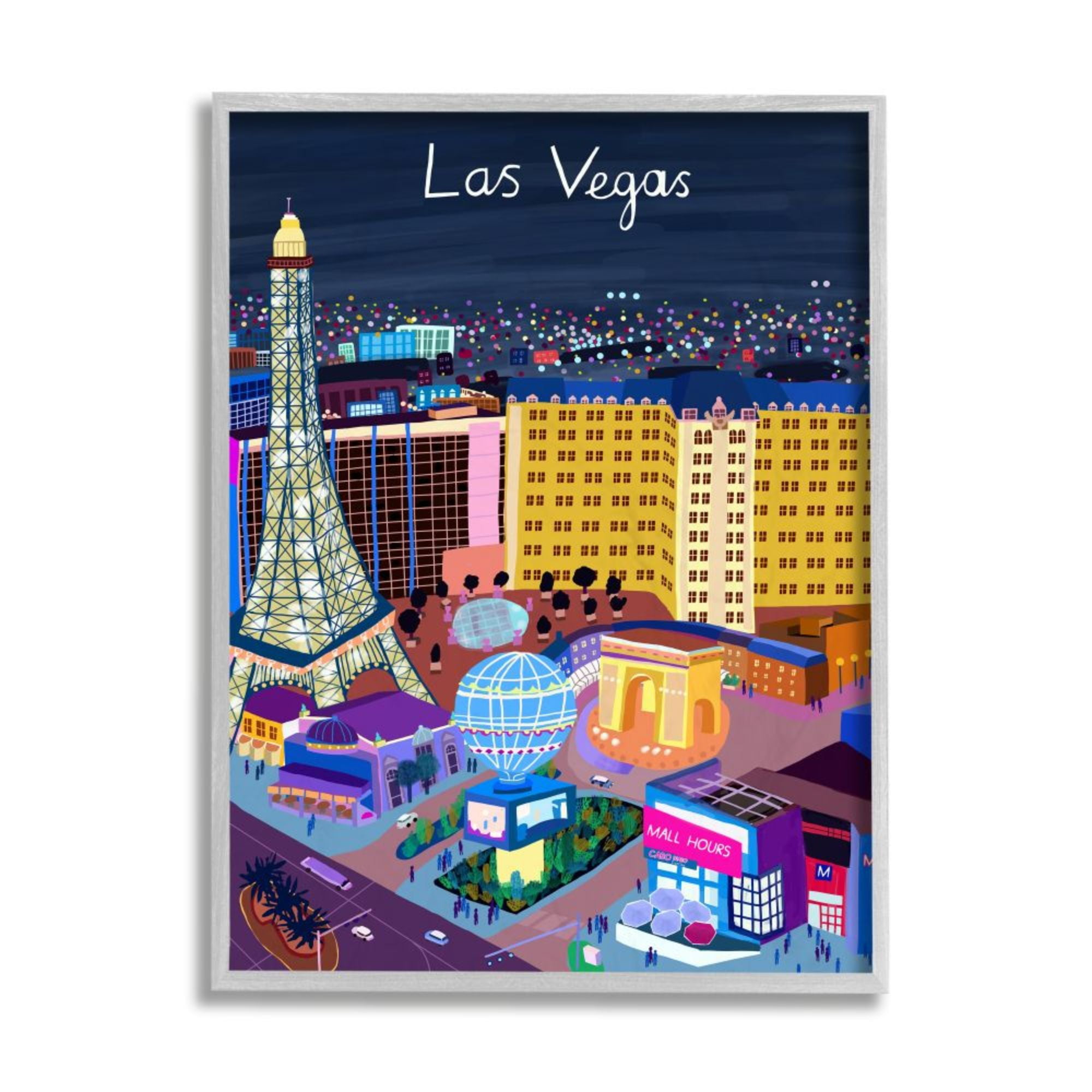 Stupell Industries Playful Las Vegas California Illustration City Landmarks Design by Carla Daly, 16" x 20", Gray Framed