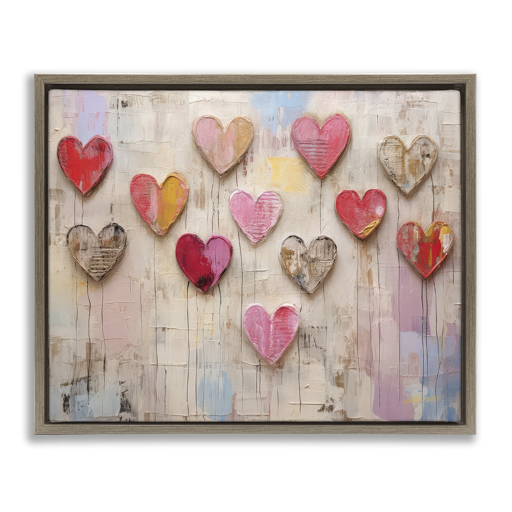 Stupell Industries Playful Love Hearts Collage Abstract Painting Brown Floater Framed Canvas Art Print Wall Art, 31 x 25