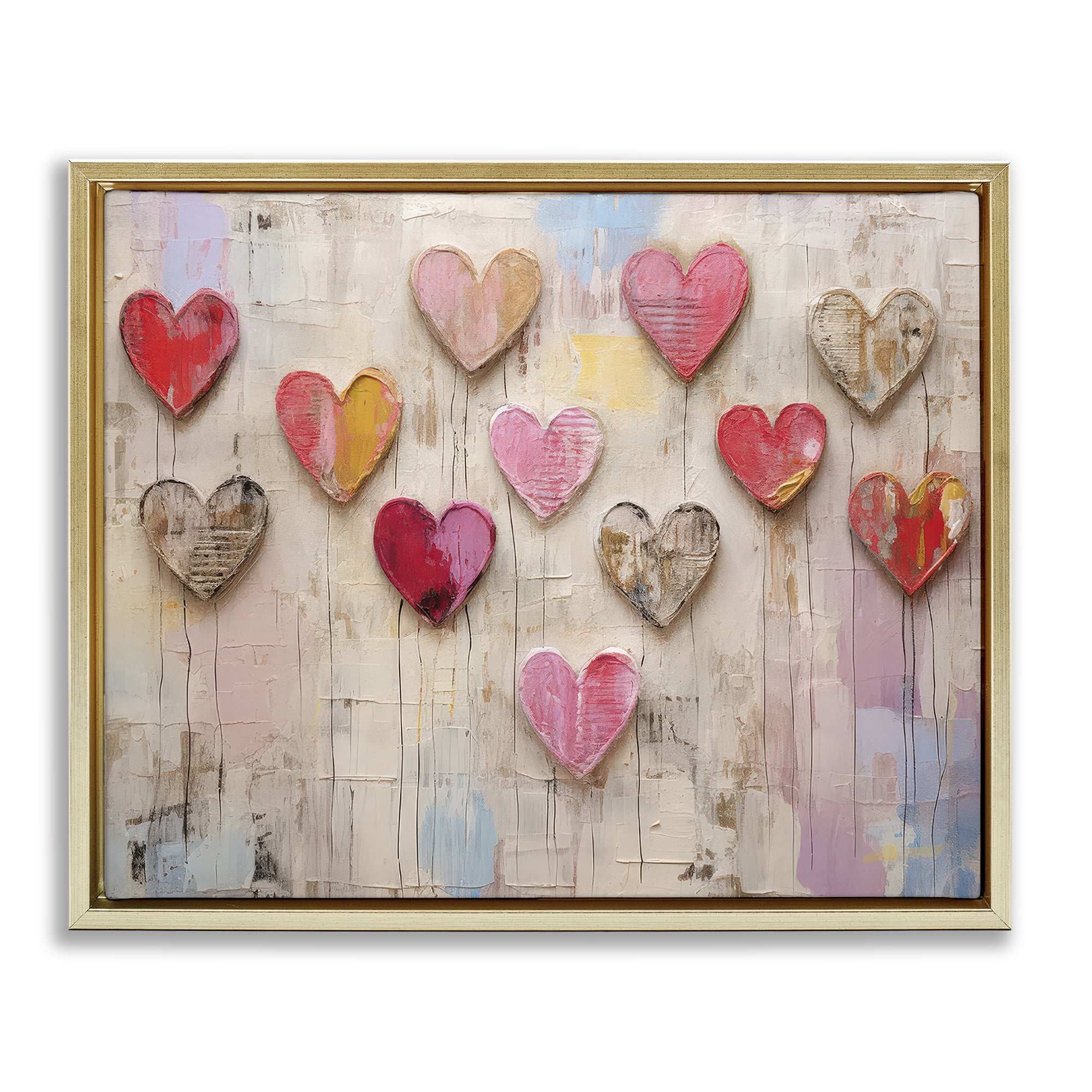 Stupell Industries Playful Love Hearts Collage Abstract Painting Gold Floater Framed Canvas Art Print Wall Art, 21 x 17
