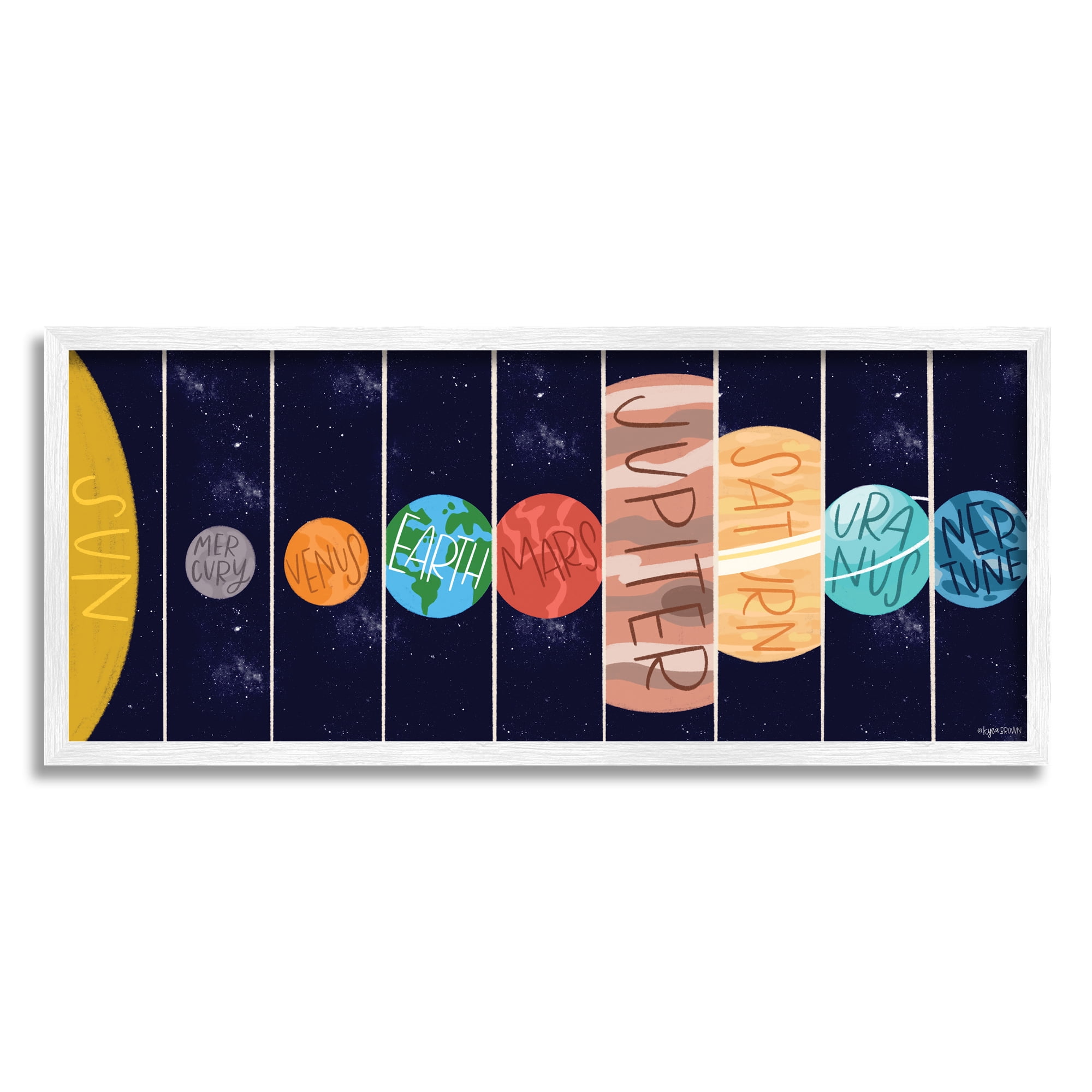 Stupell Industries Playful Milky Way Galaxy Planets Kid's Sun Orbit Novelty Painting White Framed Art Print Wall Art, 13 x 30, Design by Kyra Brown