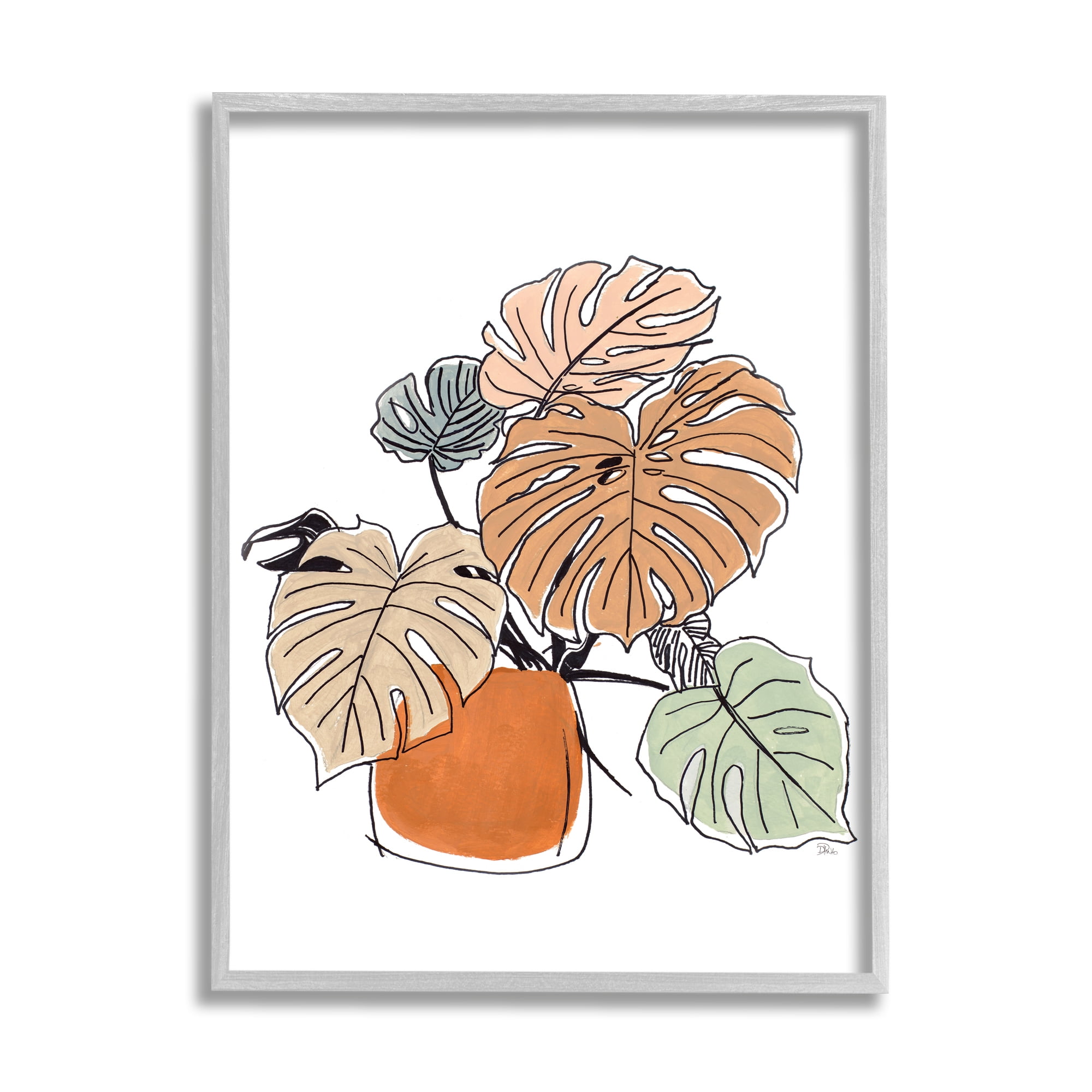 Stupell Industries Playful Monstera Leaves Tropical House Plant Botanical & Floral Painting Gray Framed Art Print Wall Art, 16 x 20