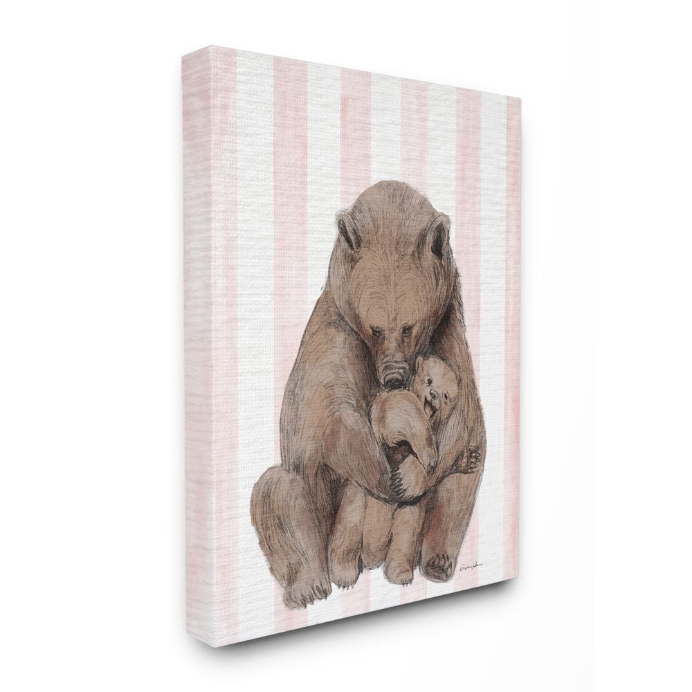 Stupell Industries Playful Mother Bear and Cub Pink Stripe Nursery Illustration Canvas Wall Art Design by Daphne Polselli, 16" x 20"
