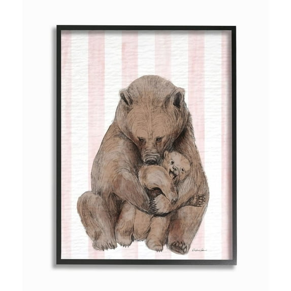 Stupell Industries Playful Mother Bear and Cub Pink Stripe Nursery Illustration Framed Wall Art Design by Daphne Polselli, 11" x 14", Gray Framed