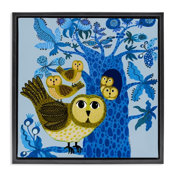 Stupell Industries Playful Owls in Tree Floral Painting Black Floater Framed Canvas Art Print Wall Art, 18 x 18