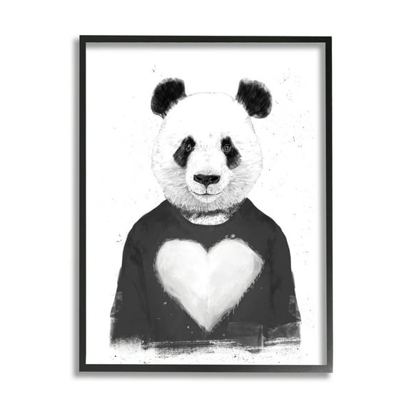 Stupell Industries Playful Panda Bear Black & White Heart Sweater Framed Wall Art, 16 x 20, Design by Balazs Solti