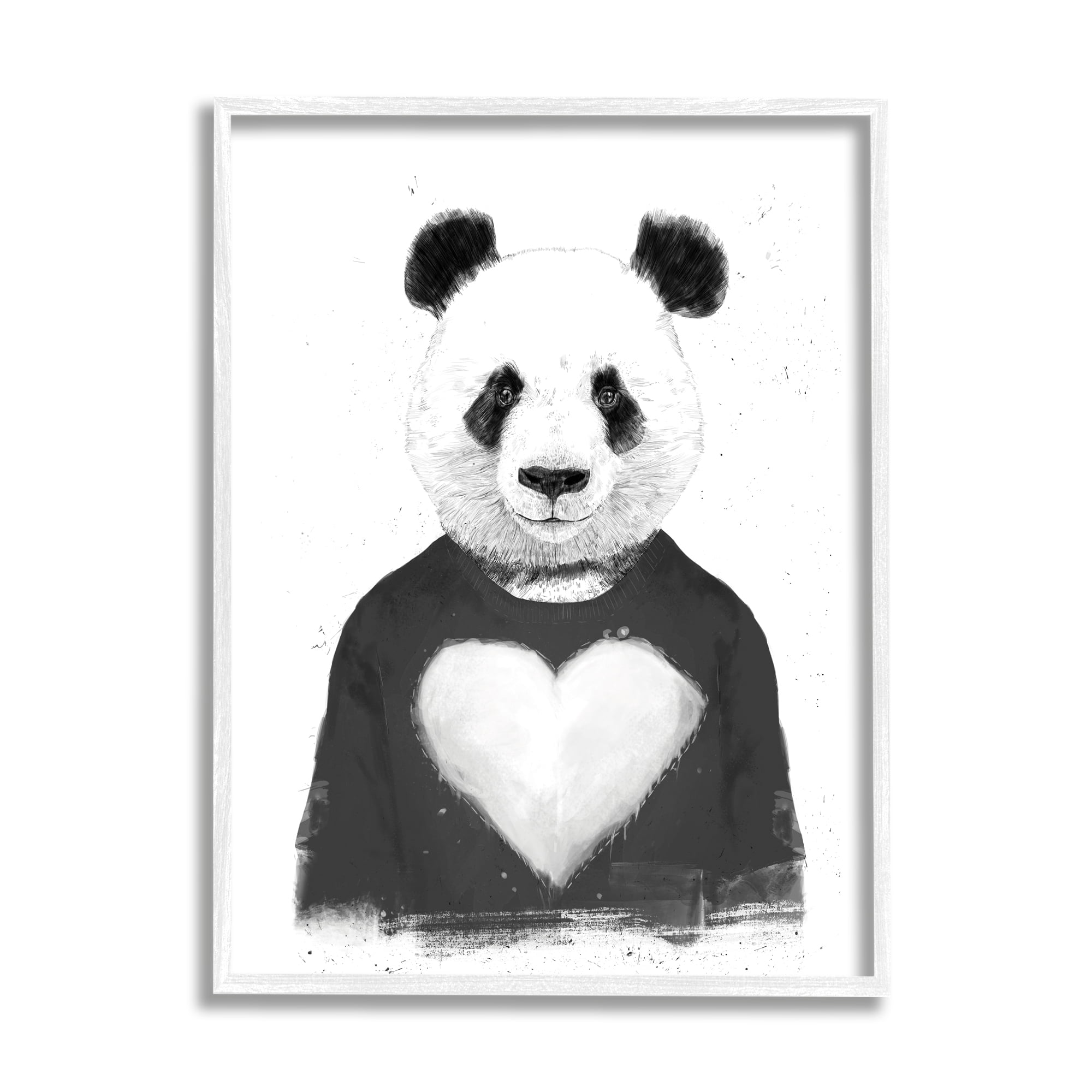 Stupell Industries Playful Panda Bear Black & White Heart Sweater Framed Wall Art, 24 x 30, Design by Balazs Solti