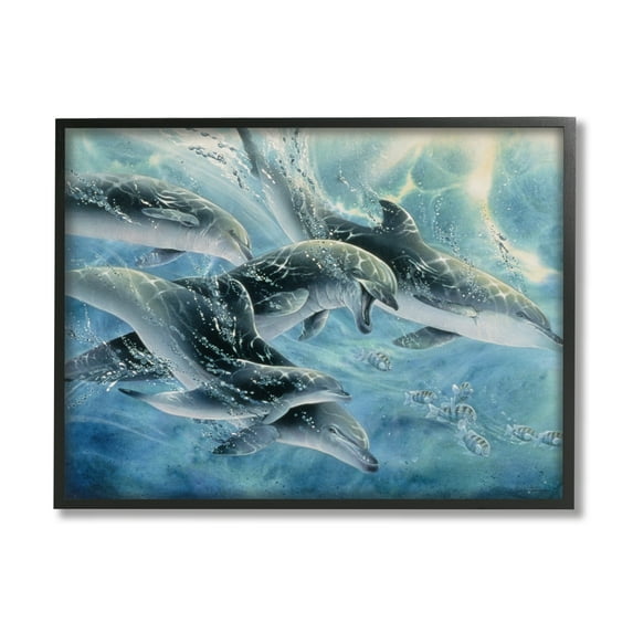 Stupell Industries Playful Passage Dolphins Swimming Coastal Painting Black Framed Art Print Wall Art