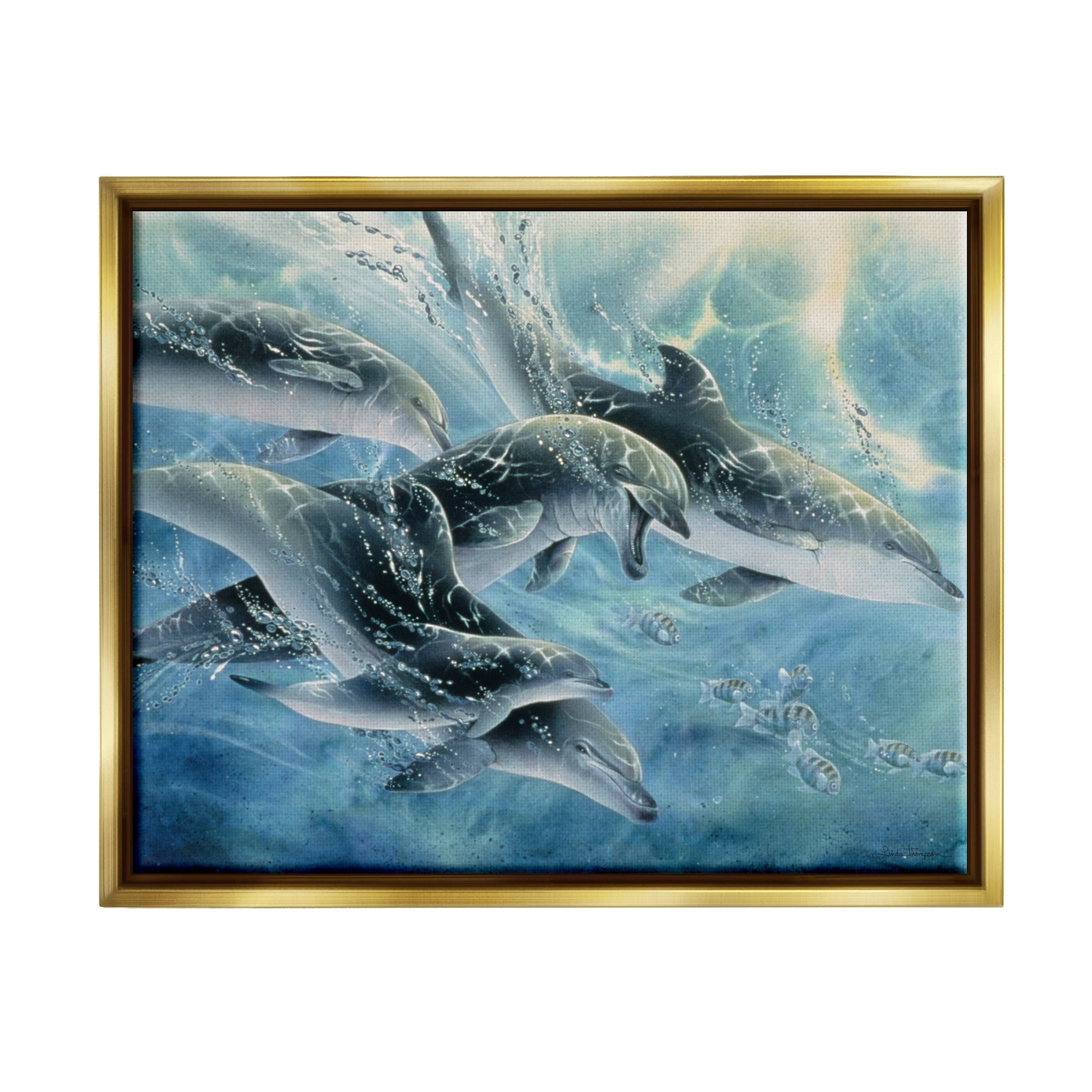 Stupell Industries Playful Passage Dolphins Swimming Coastal Painting Gold Floater Framed Art Print Wall Art