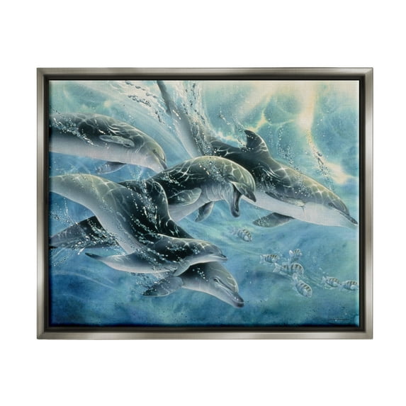 Stupell Industries Playful Passage Dolphins Swimming Coastal Painting Gray Floater Framed Art Print Wall Art