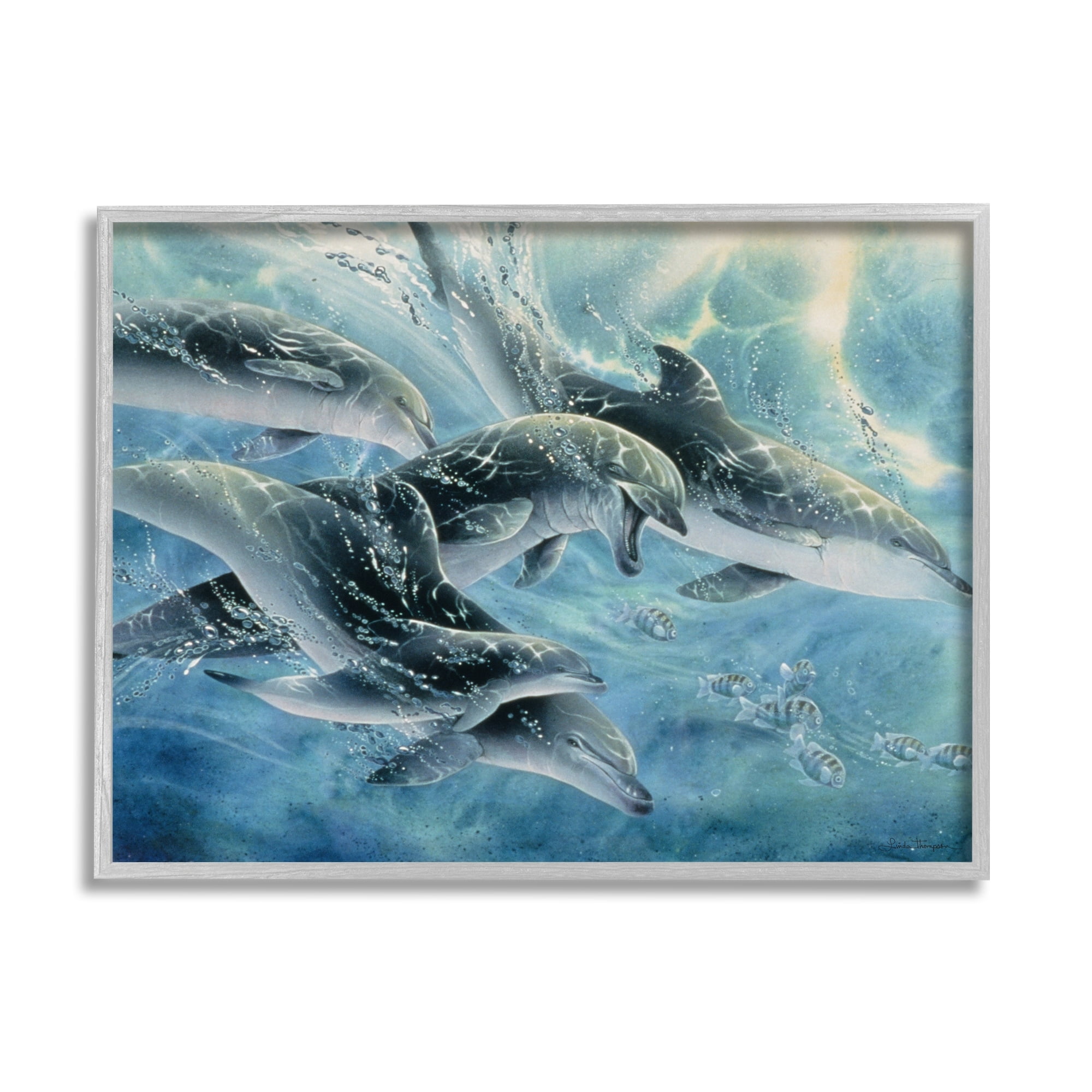 Stupell Industries Playful Passage Dolphins Swimming Coastal Painting Gray Framed Art Print Wall Art