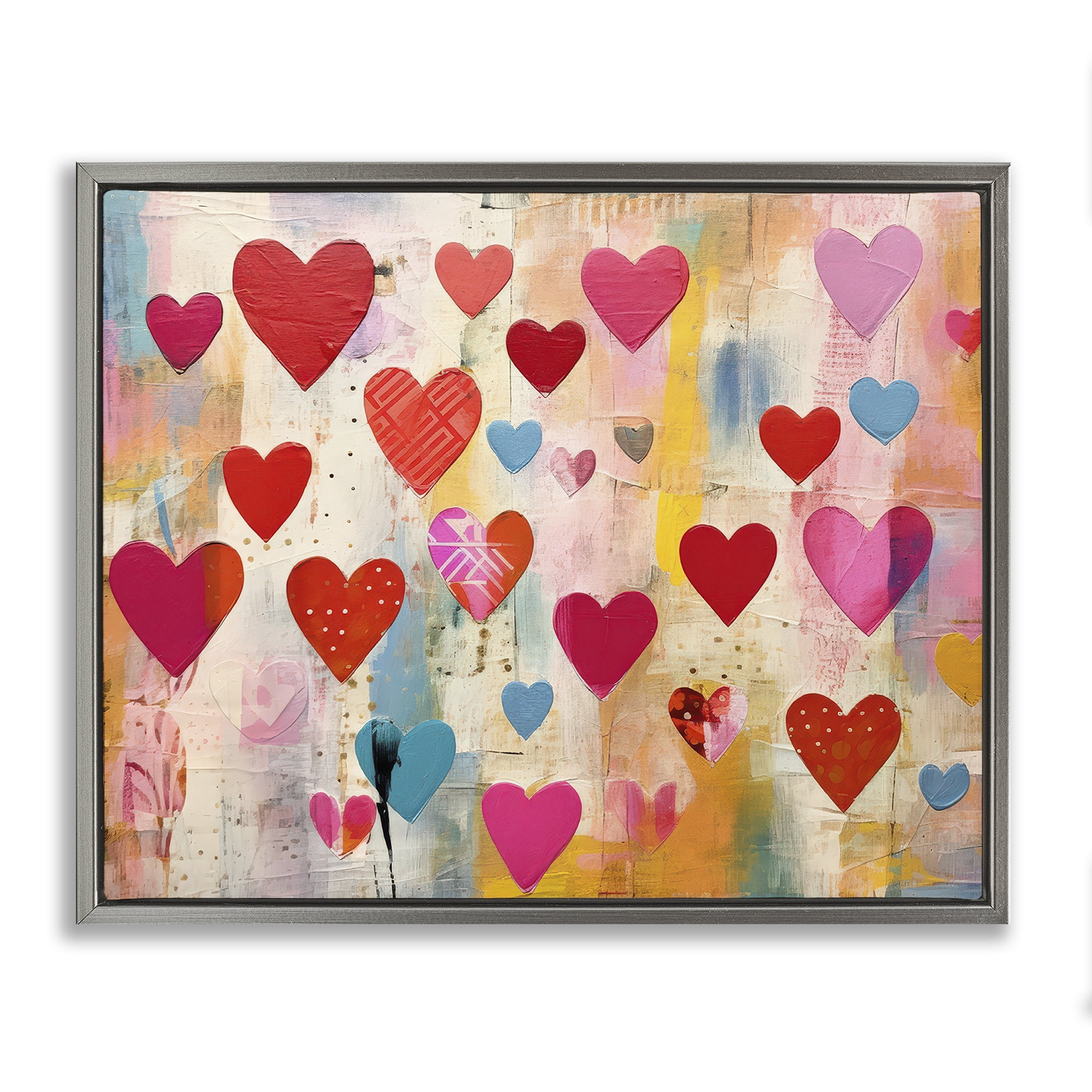 Stupell Industries Playful Patterned Hearts Abstract Painting Gray Floater Framed Canvas Art Print Wall Art, 21 x 17