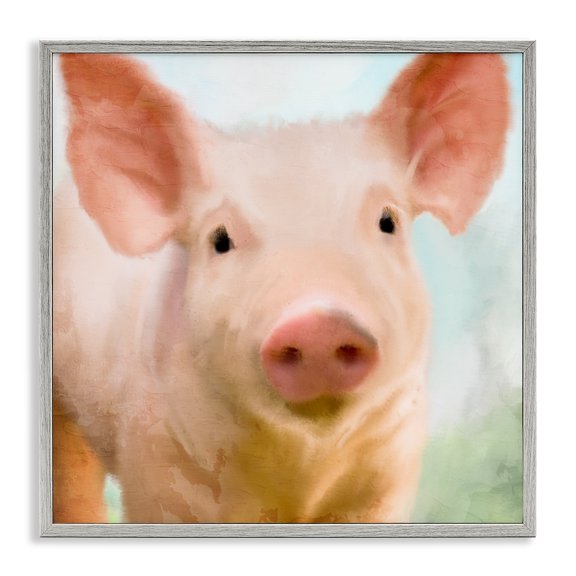 Stupell Industries Rustic Lodge Playful Pink Landrace Pig Closeup Portrait Gray Framed Giclee Art, 12 x 12, by Kim Allen