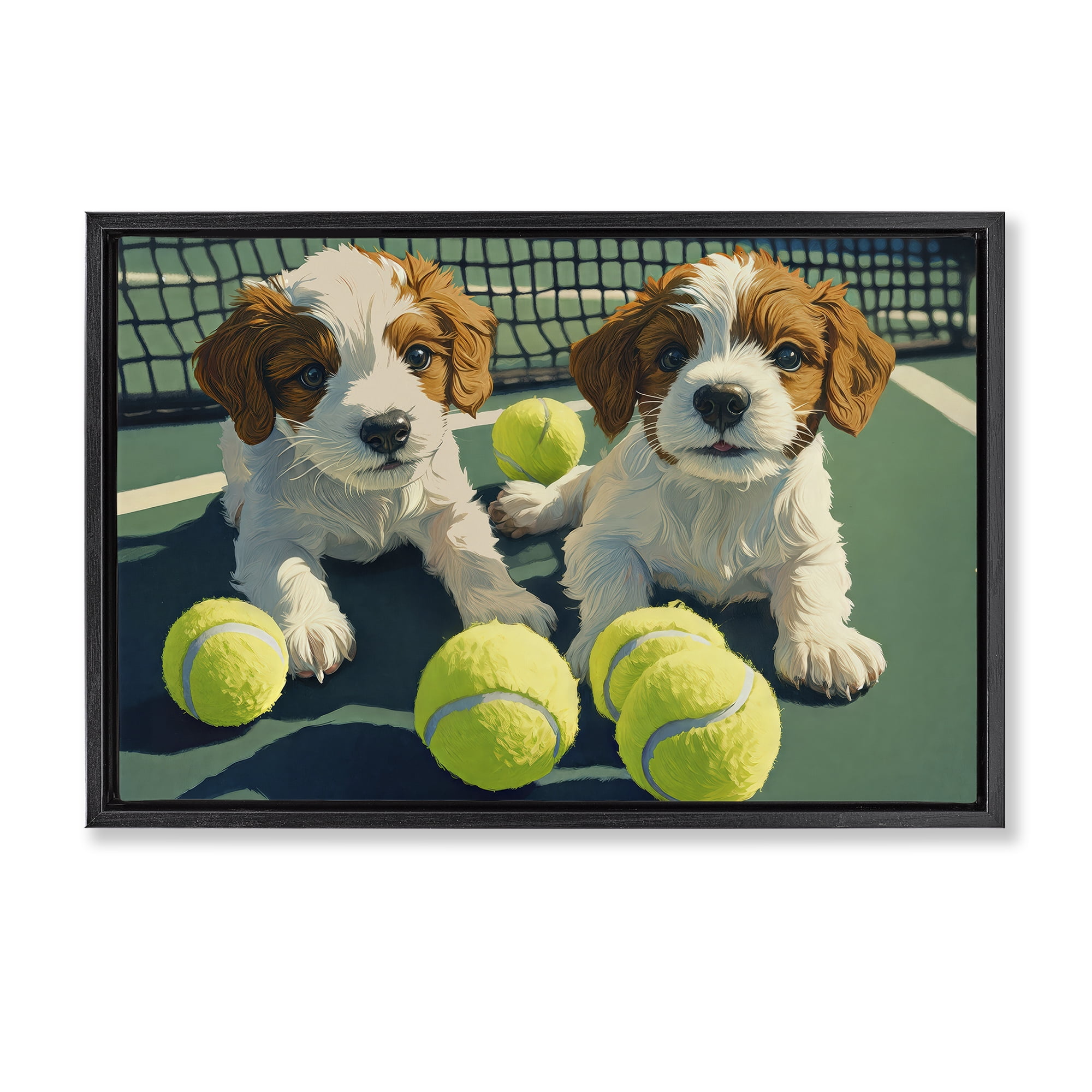 Stupell Industries Playful Puppies with Tennis Balls Black Framed Floater Canvas Wall Art, design by Imagine It Images