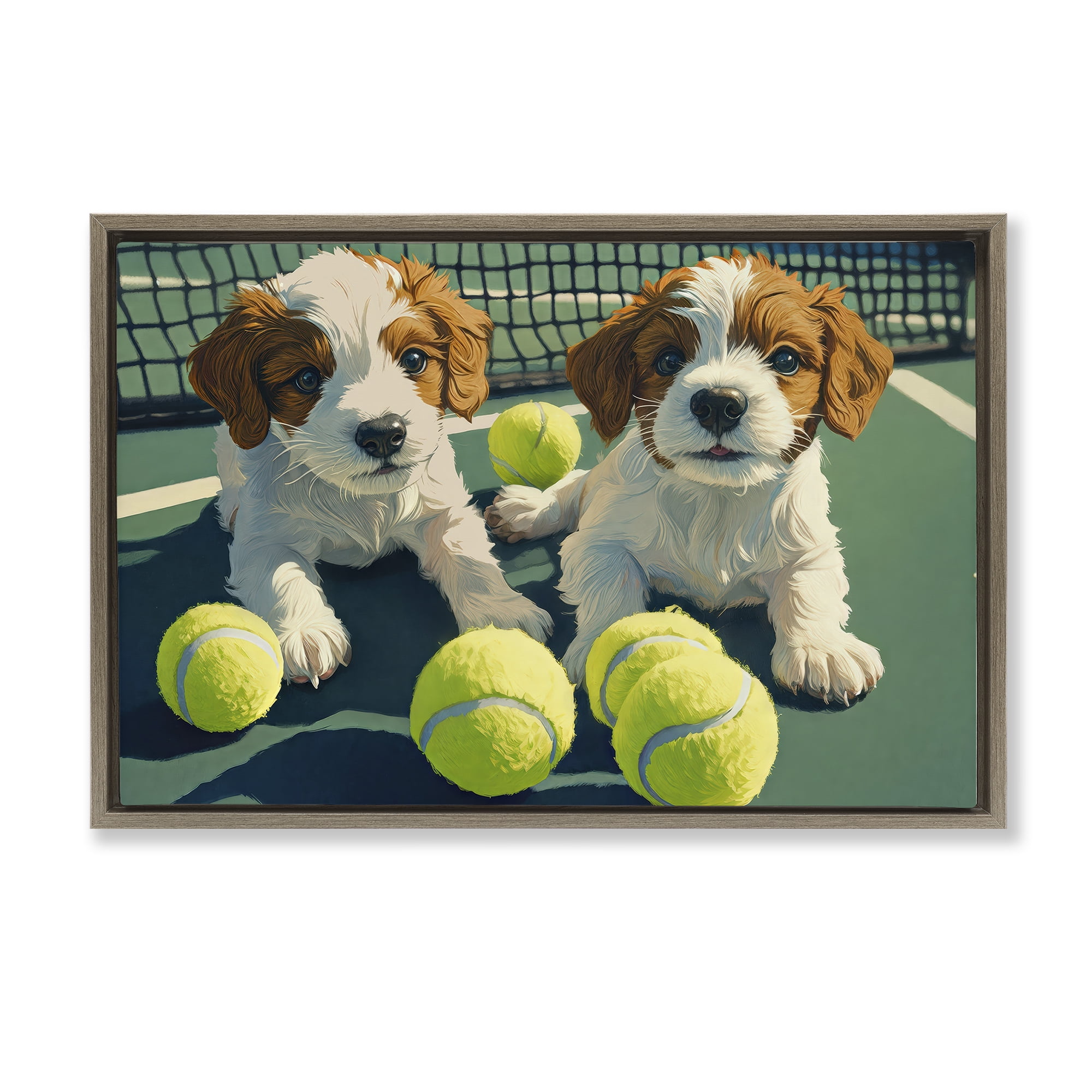 Stupell Industries Playful Puppies with Tennis Balls Brown Framed Floater Canvas Wall Art, design by Imagine It Images