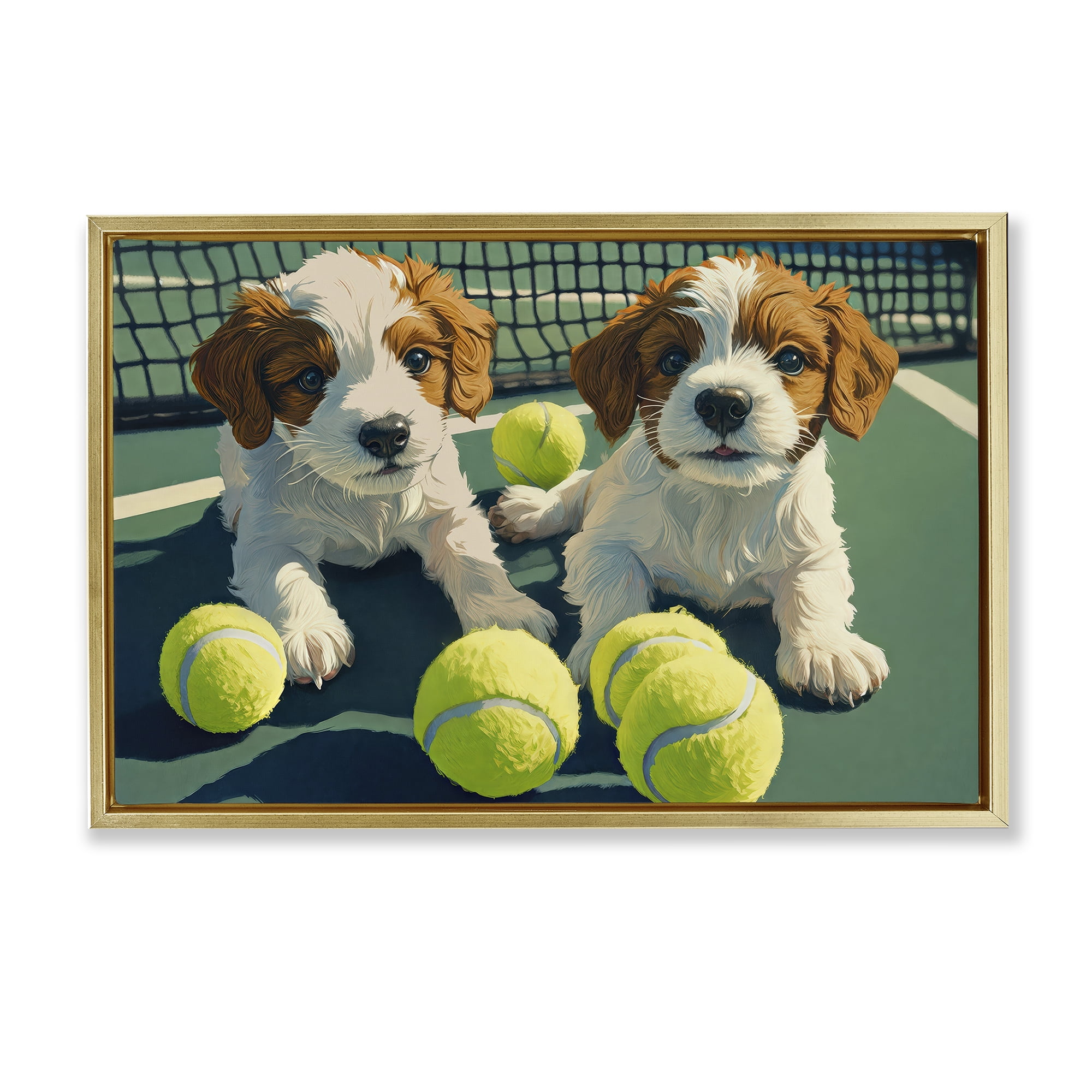 Stupell Industries Playful Puppies with Tennis Balls Gold Framed Floater Canvas Wall Art, design by Imagine It Images