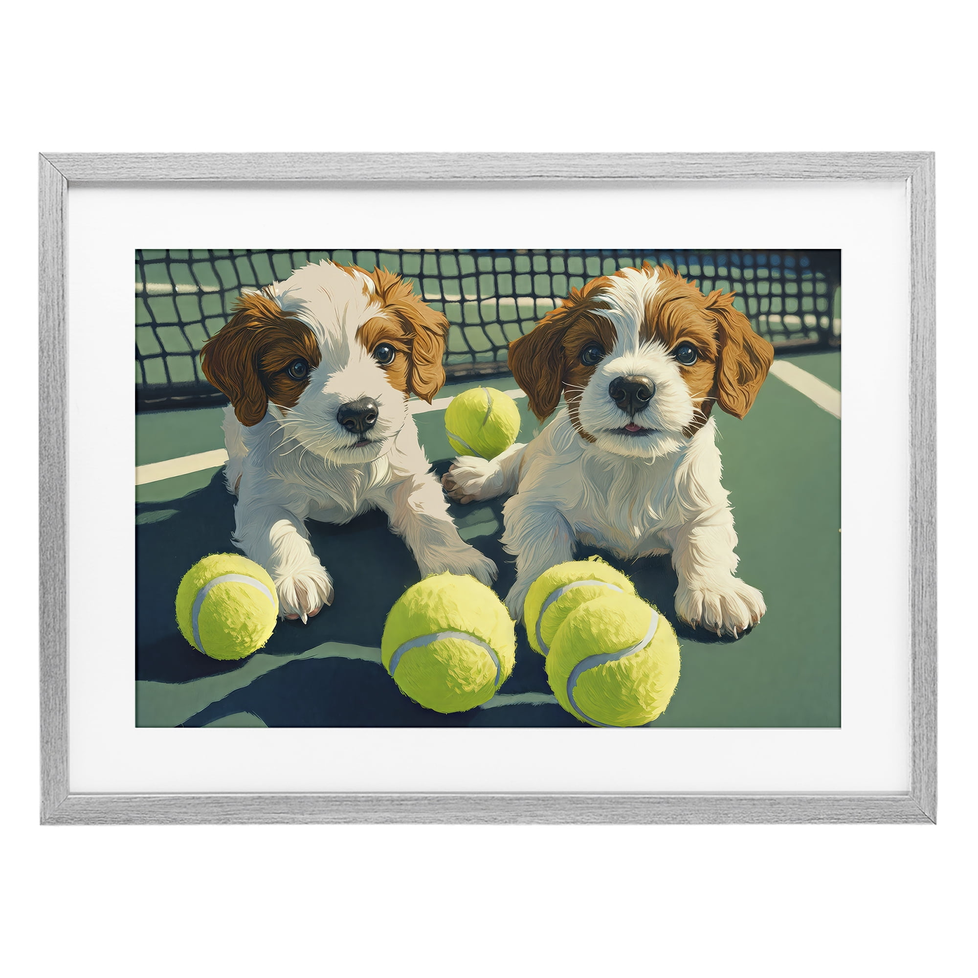 Stupell Industries Playful Puppies with Tennis Balls Gray Framed Print Under Glass, design by Imagine It Images