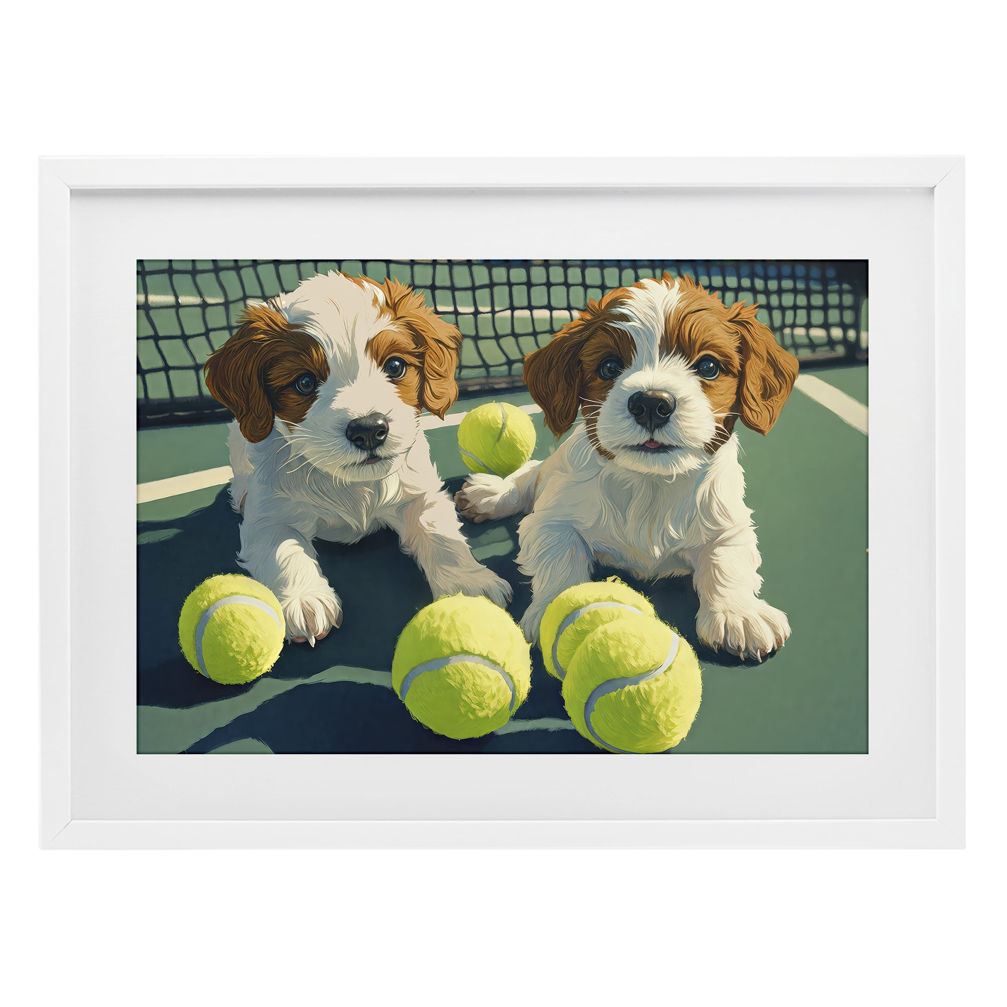 Stupell Industries Playful Puppies with Tennis Balls White Framed Print Under Glass, design by Imagine It Images