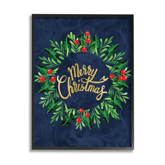 Stupell Industries Playful Red Holly Holiday Wreath Festive Merry Christmas Botanical & Floral Painting Black Framed Art Print Wall Art, 24 x 30
