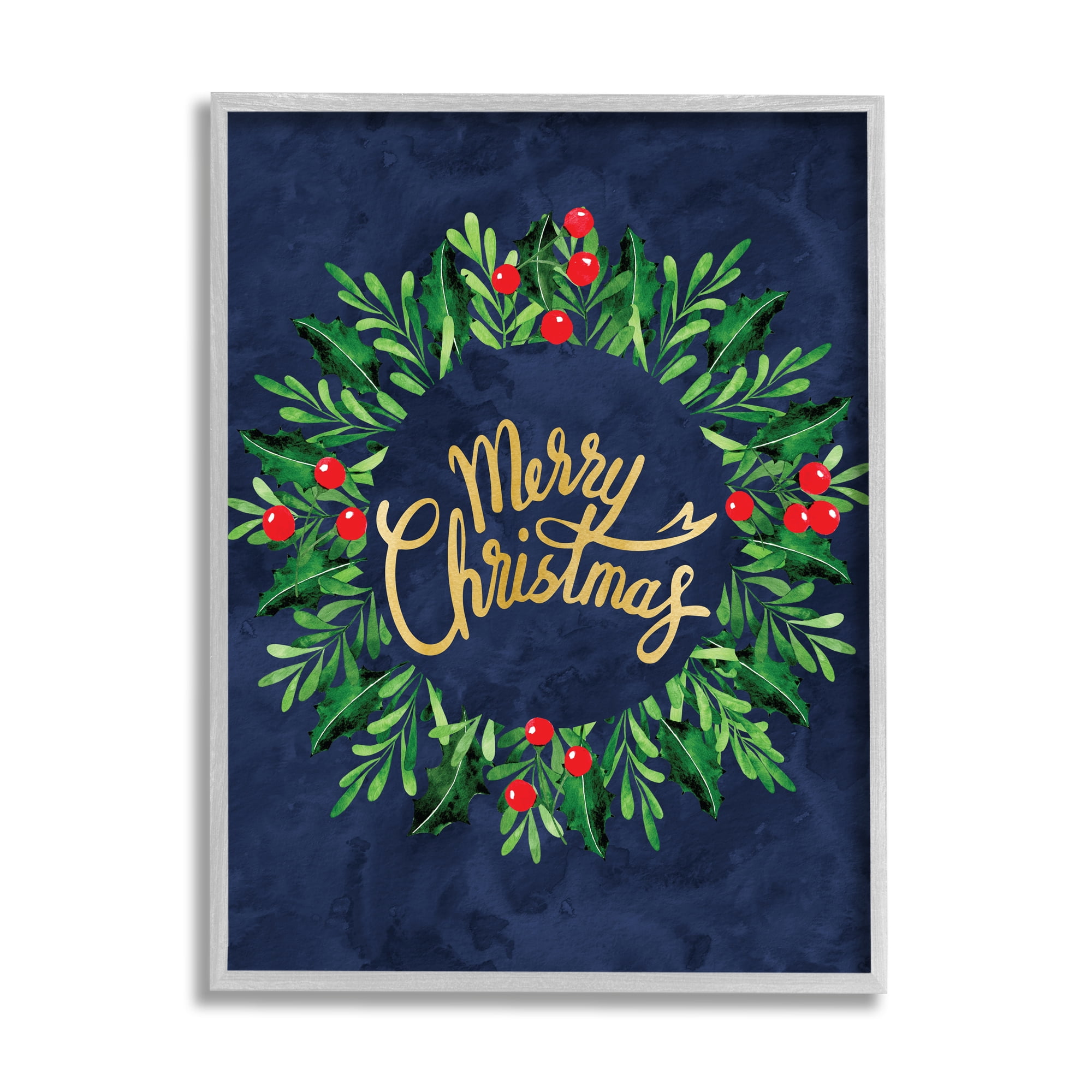 Stupell Industries Playful Red Holly Holiday Wreath Festive Merry Christmas Botanical & Floral Painting Gray Framed Art Print Wall Art, 11 x 14