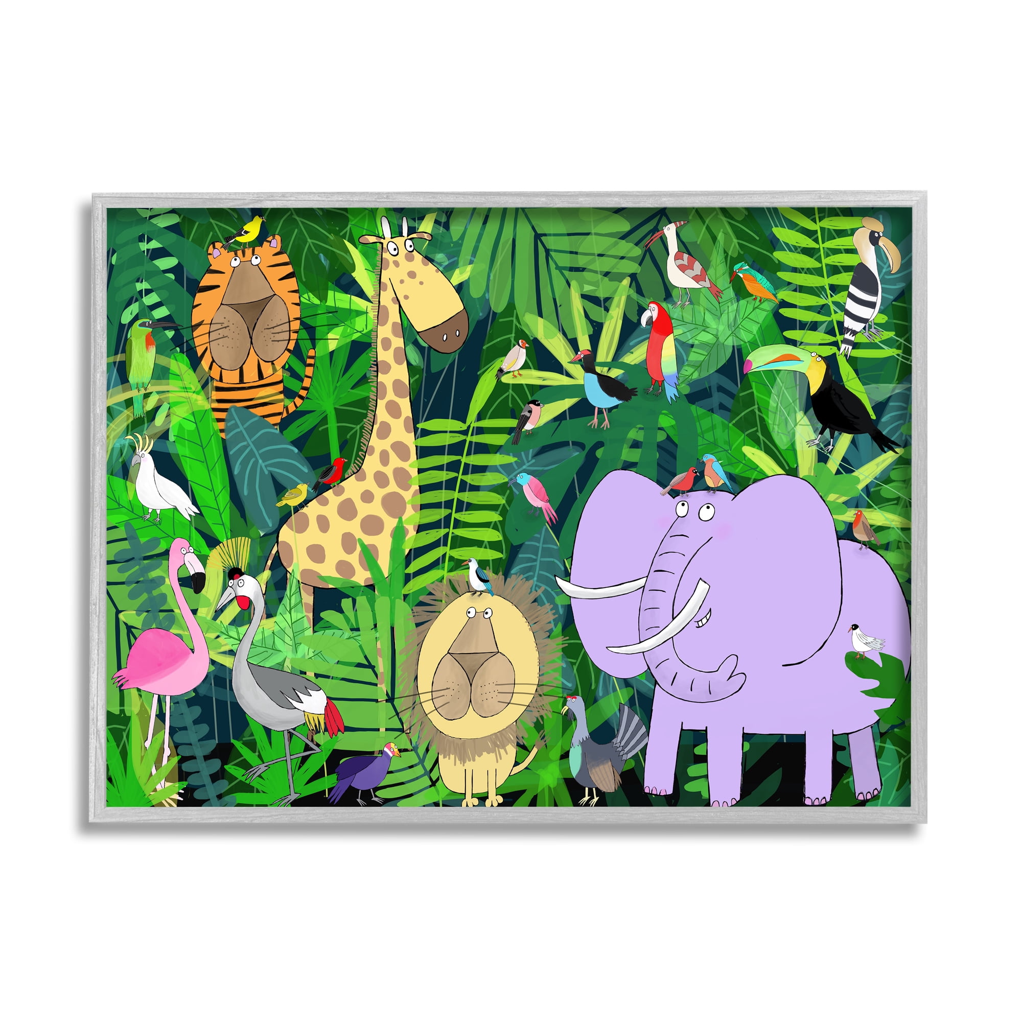 Stupell Industries Playful Safari Animals in Green Jungle Illustration Traditional Painting Gray framed Art Print Wall Art, 16 x 20, Design by Carla Daly