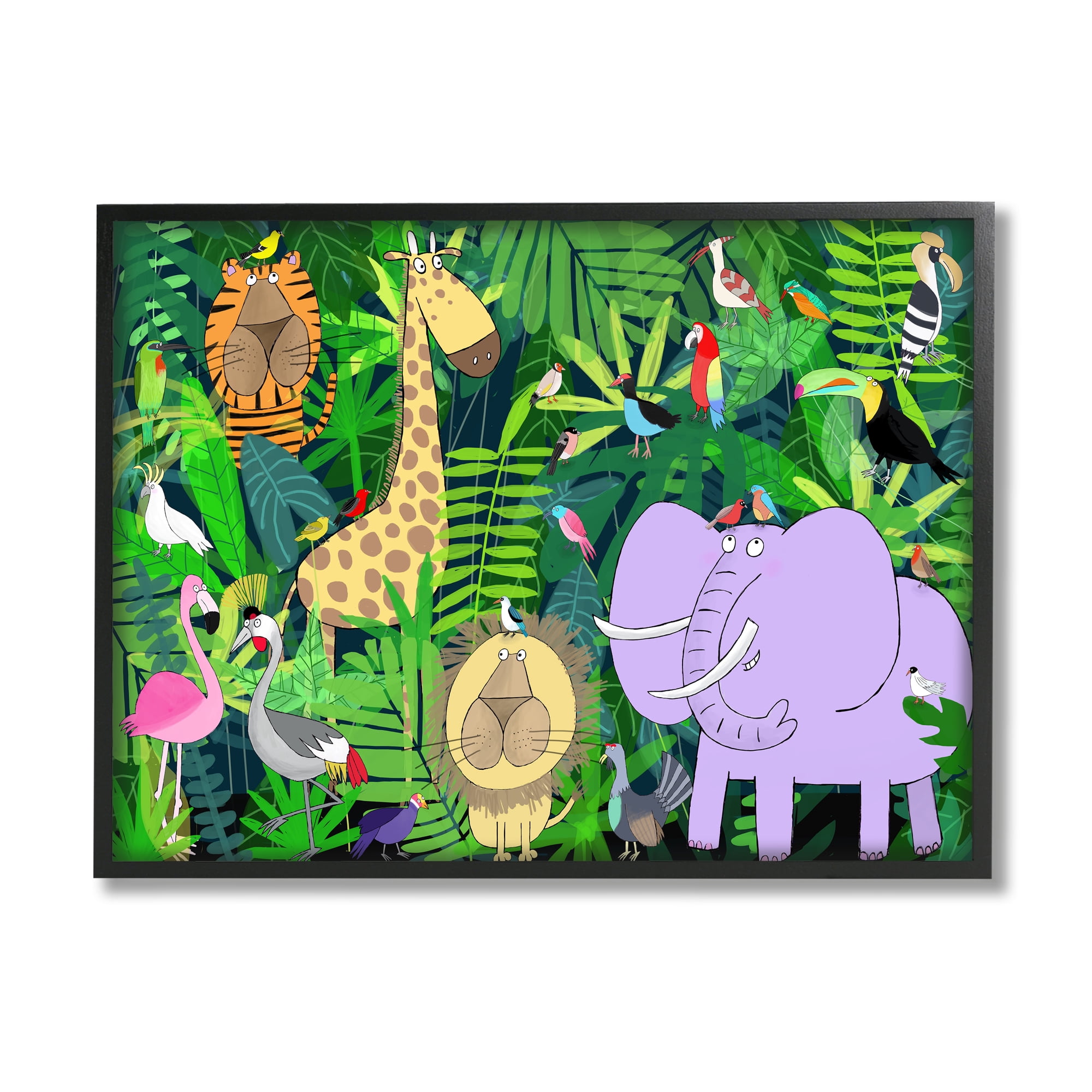 Stupell Industries Playful Safari Animals in Green Jungle Illustration Animals & Insects Painting Black Framed Art Print Wall Art, 11 x 14