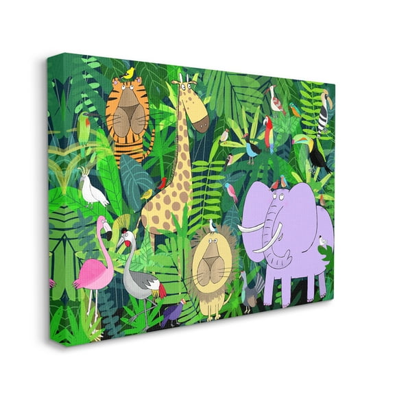 Stupell Industries Playful Safari Animals in Green Jungle Illustration Animals & Insects Painting Gallery Wrapped Canvas Print Wall Art, 30 x 40