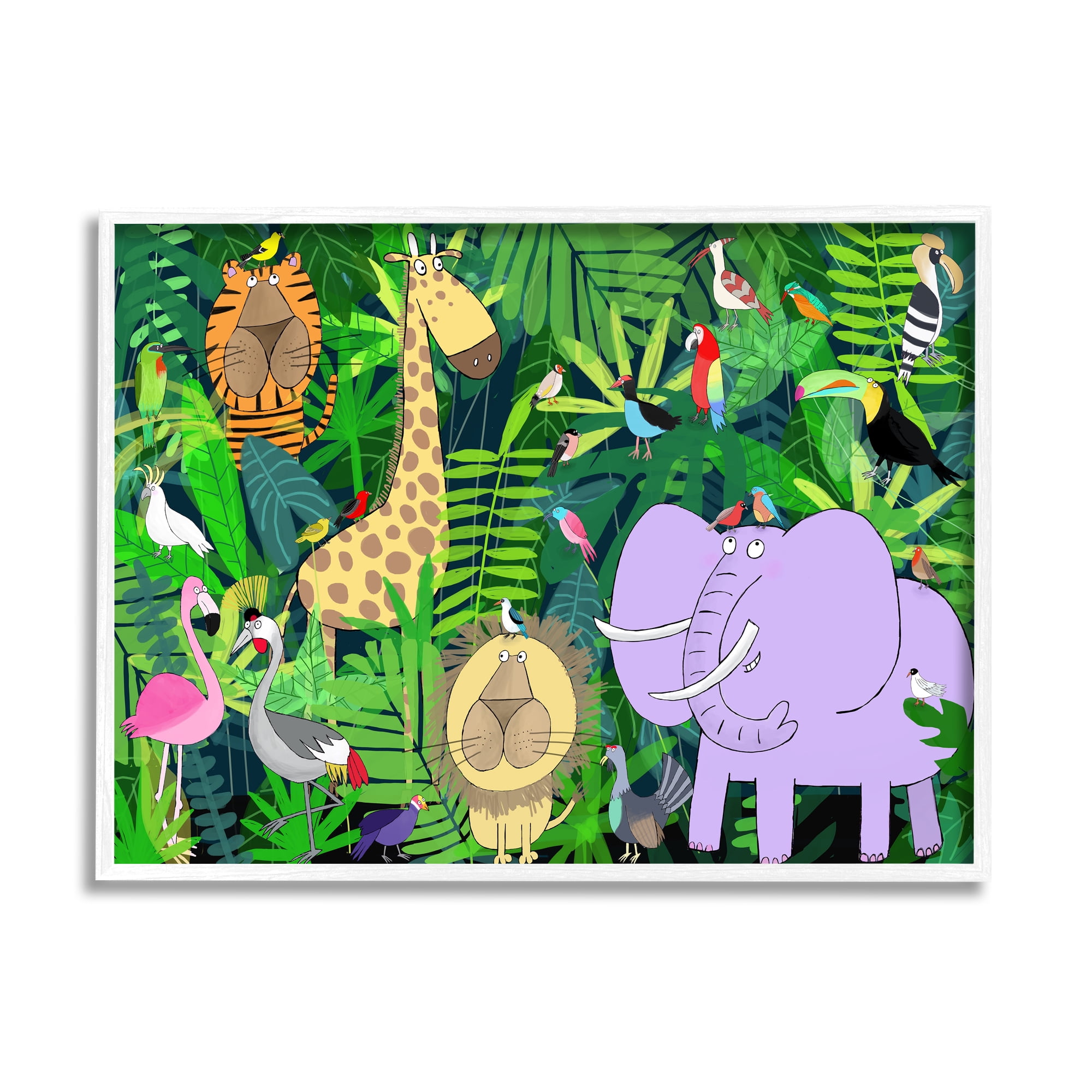 Stupell Industries Playful Safari Animals in Green Jungle Illustration Animals & Insects Painting White Framed Art Print Wall Art, 11 x 14