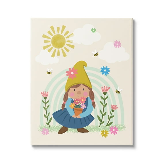 Stupell Industries Playful Sunshine Rainbow Pattern Garden Gnome Flowers Canvas Wall Art, 36 x 48, Design by Lisa Perry Whitebutton