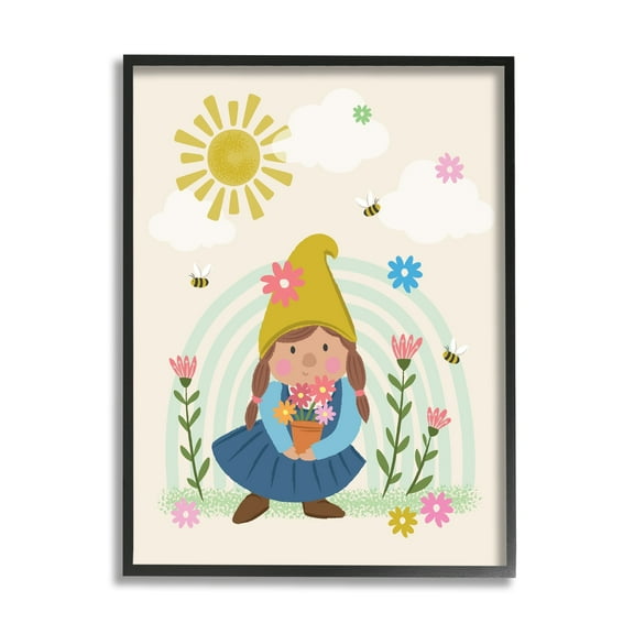 Stupell Industries Playful Sunshine Rainbow Pattern Garden Gnome Flowers Framed Wall Art, 11 x 14, Design by Lisa Perry Whitebutton