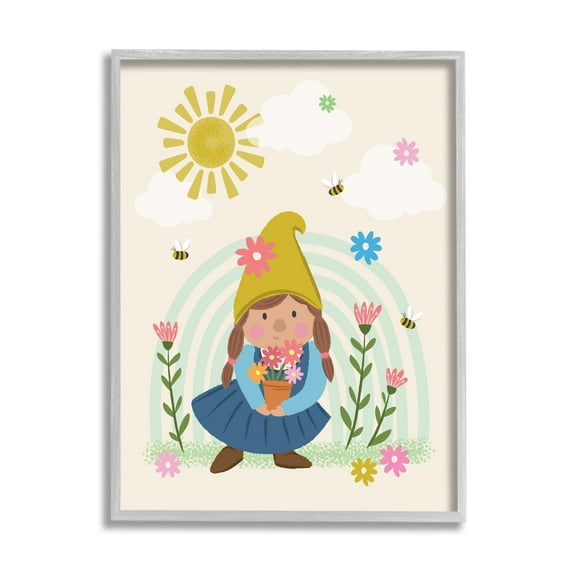 Stupell Industries Playful Sunshine Rainbow Pattern Garden Gnome Flowers Framed Wall Art, 11 x 14, Design by Lisa Perry Whitebutton
