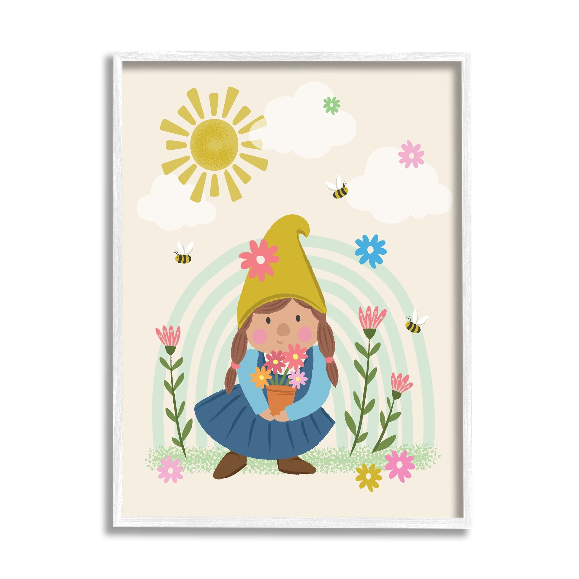 Stupell Industries Playful Sunshine Rainbow Pattern Garden Gnome Flowers Framed Wall Art, 11 x 14, Design by Lisa Perry Whitebutton