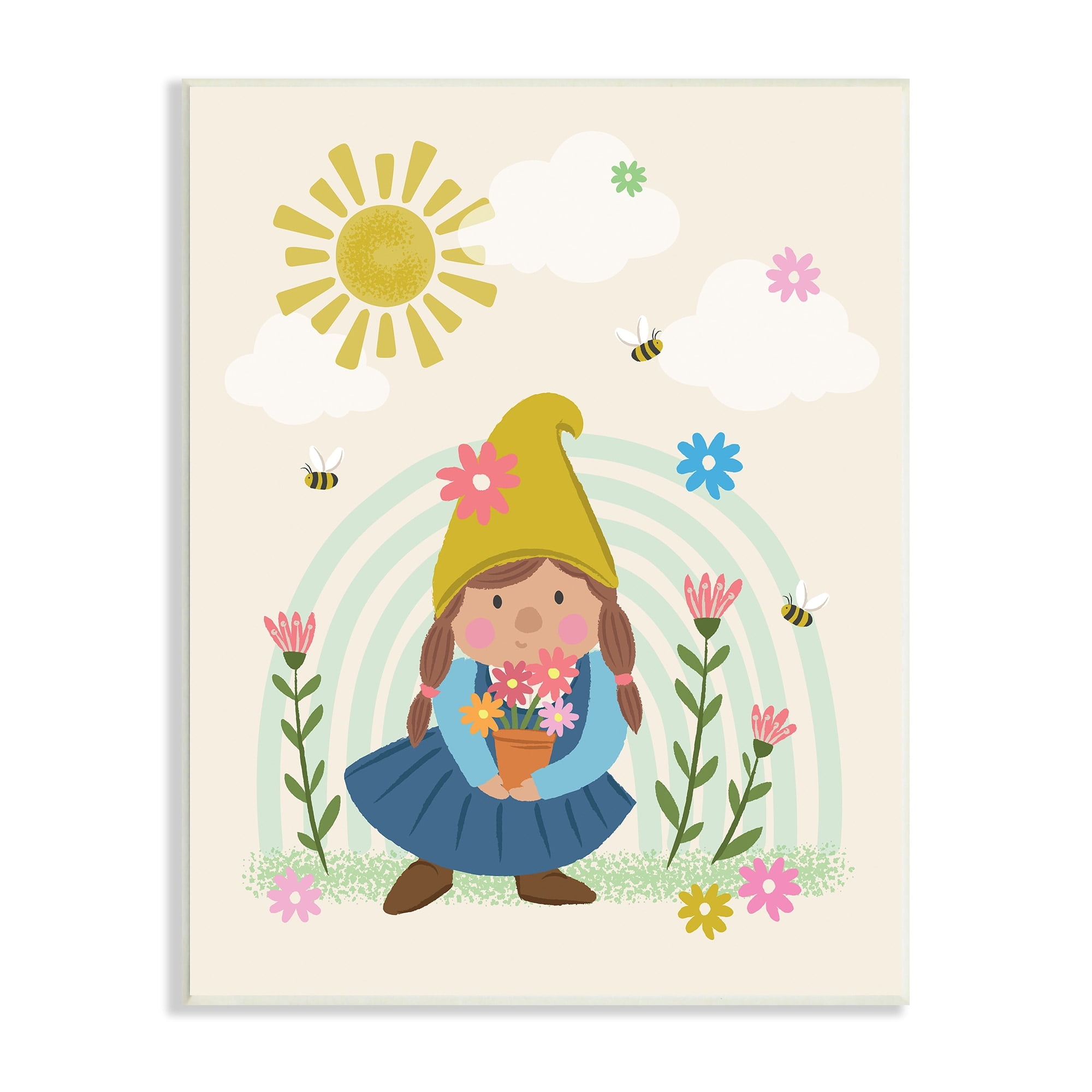 Stupell Industries Playful Sunshine Rainbow Pattern Garden Gnome Flowers Wood Wall Art, 10 x 15, Design by Lisa Perry Whitebutton