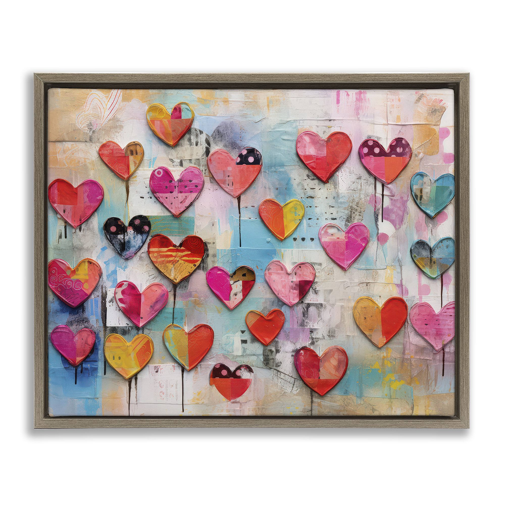 Stupell Industries Playful Urban Hearts Pattern Abstract Painting Brown Floater Framed Canvas Art Print Wall Art, 31 x 25