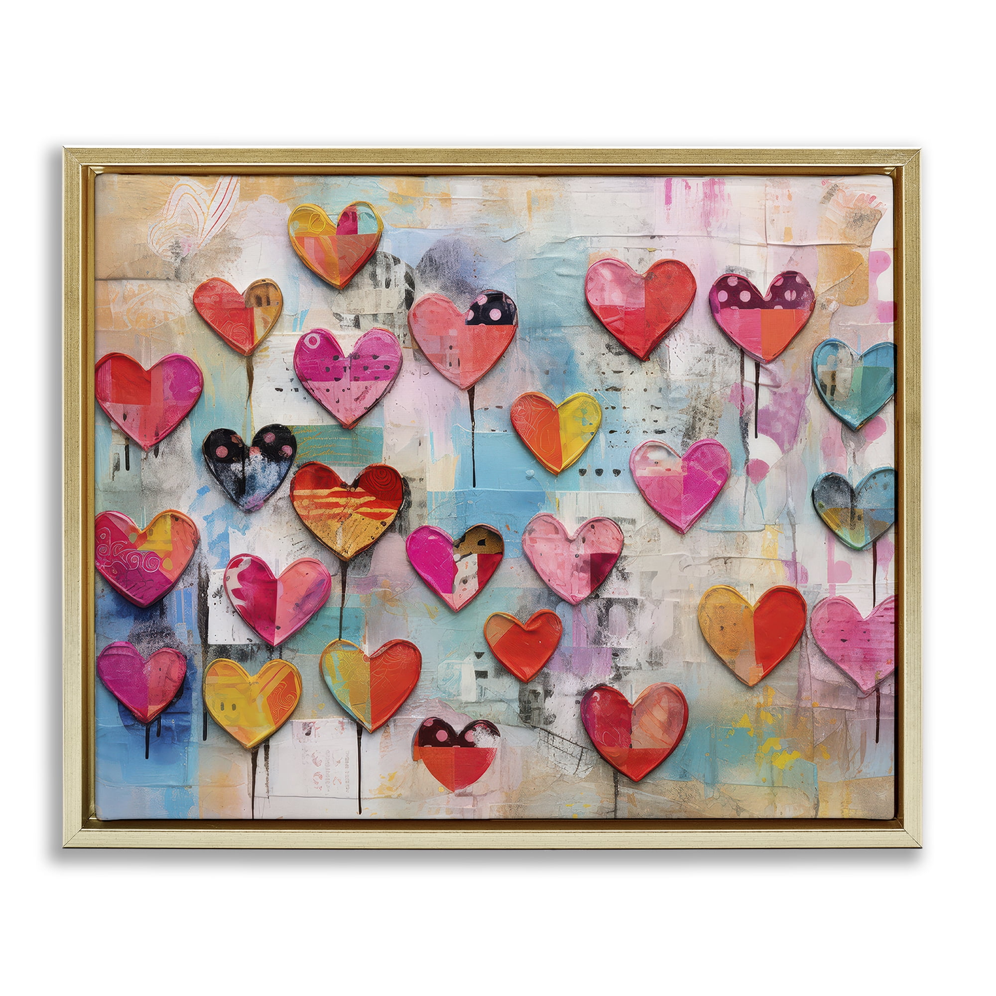 Stupell Industries Playful Urban Hearts Pattern Abstract Painting Gold Floater Framed Canvas Art Print Wall Art, 21 x 17
